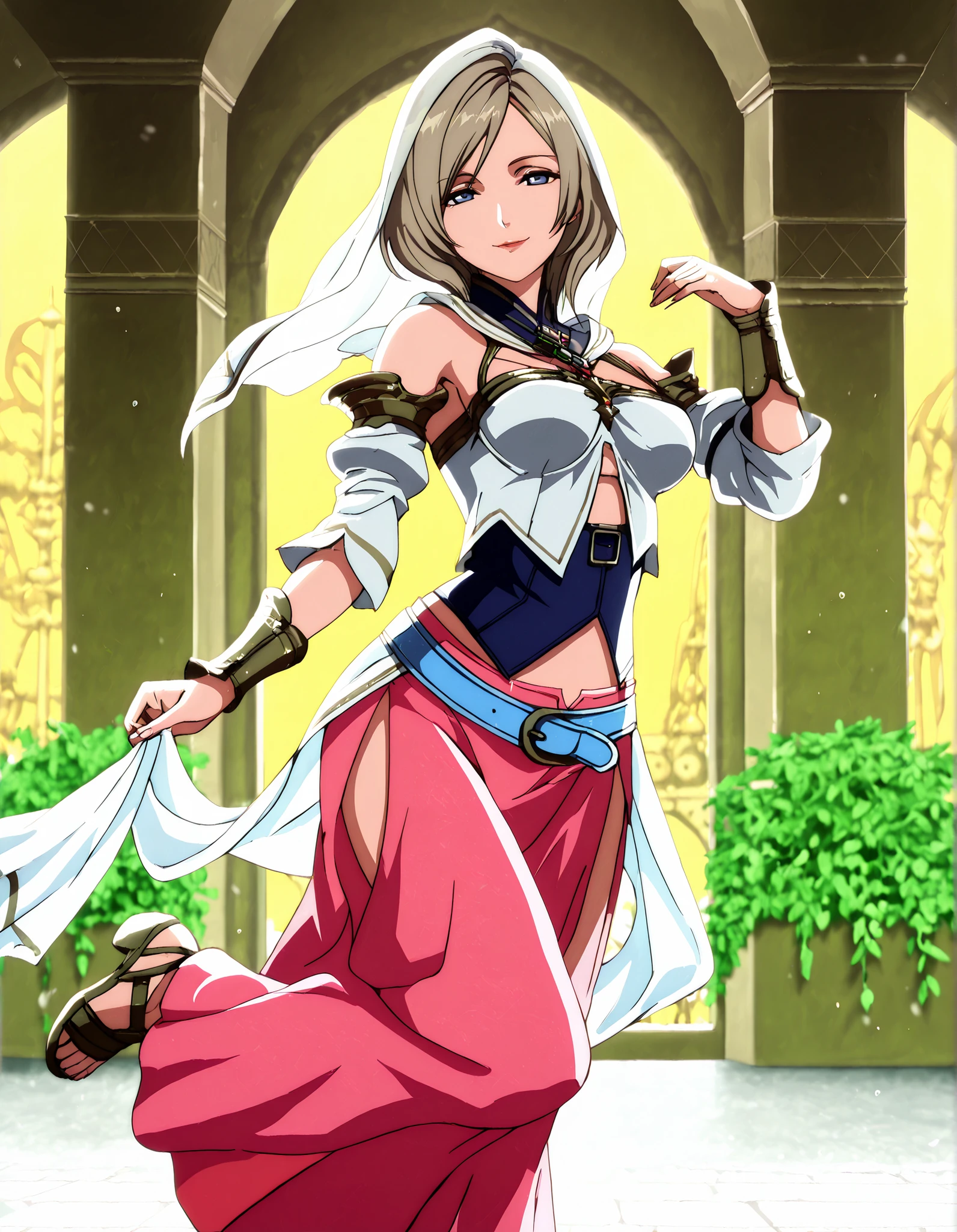 (1girl:1 . 5) , (Seul:1 . 5) , score_9 , score_8_haut , score_7_haut , source_anime , Official work , ultra-detailed , masterpiece , better quality , high resolution , beaux yeux , detailed eyes , Detailed face , beautiful detailed eyes,light brown hair, short hair, blue eyes,Final Fantasy,ashelia b'nargin dalmasca, dancer_fft,crop top,long skirt, belt,bracers, sandals, shawl,golden jewelery,armlet, belly dancing,arabian garden,seductive smile, dancing with veil, dynamic movement,dance posture, seductive pose