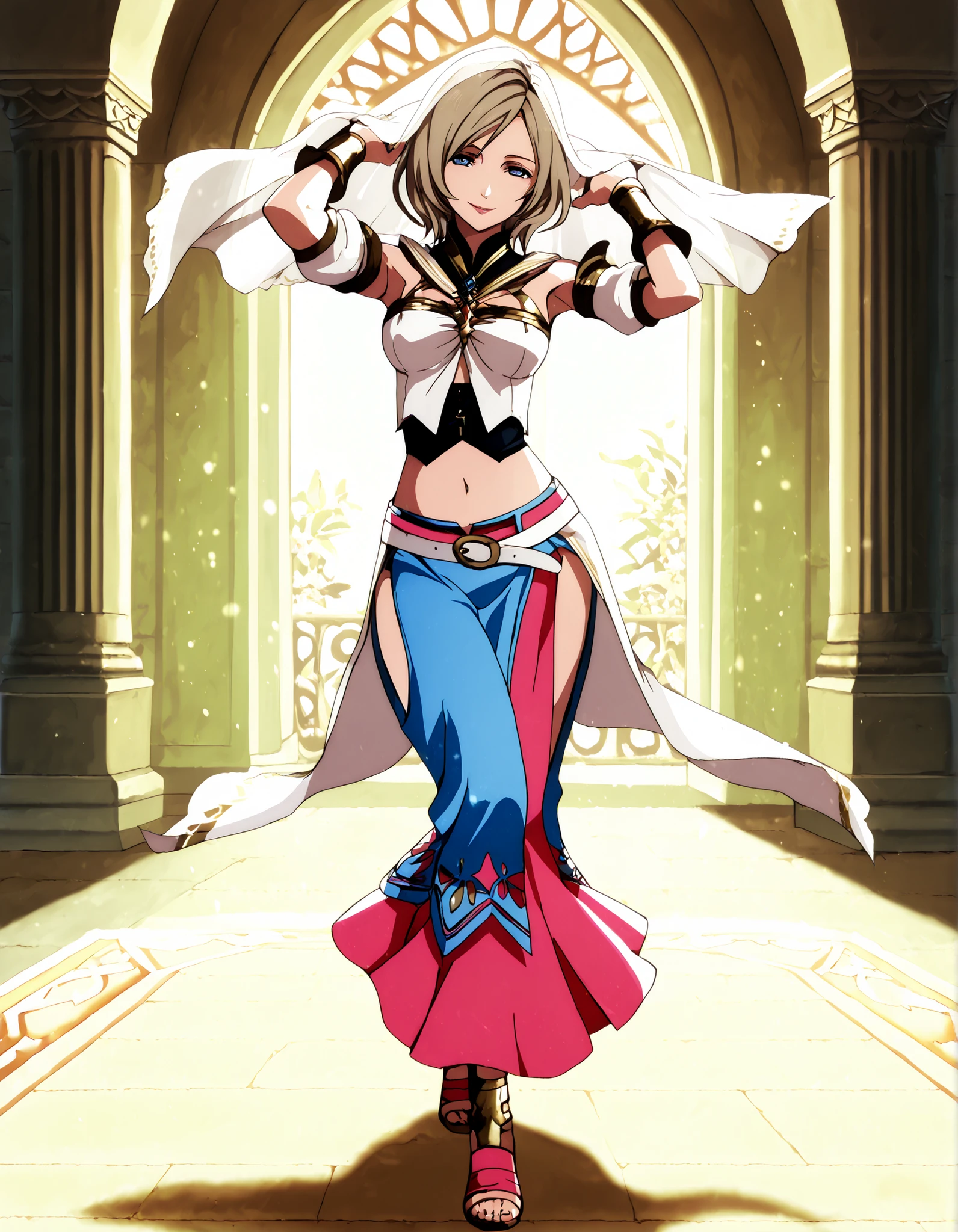 (1girl:1 . 5) , (Seul:1 . 5) , score_9 , score_8_haut , score_7_haut , source_anime , Official work , ultra-detailed , masterpiece , better quality , high resolution , beaux yeux , detailed eyes , Detailed face , beautiful detailed eyes,light brown hair, short hair, blue eyes,Final Fantasy,ashelia b'nargin dalmasca, dancer_fft,crop top,long skirt, belt,bracers, sandals, shawl,golden jewelery,armlet, belly dancing,arabian garden,seductive smile, dancing with veil, dynamic movement,dance posture, seductive pose