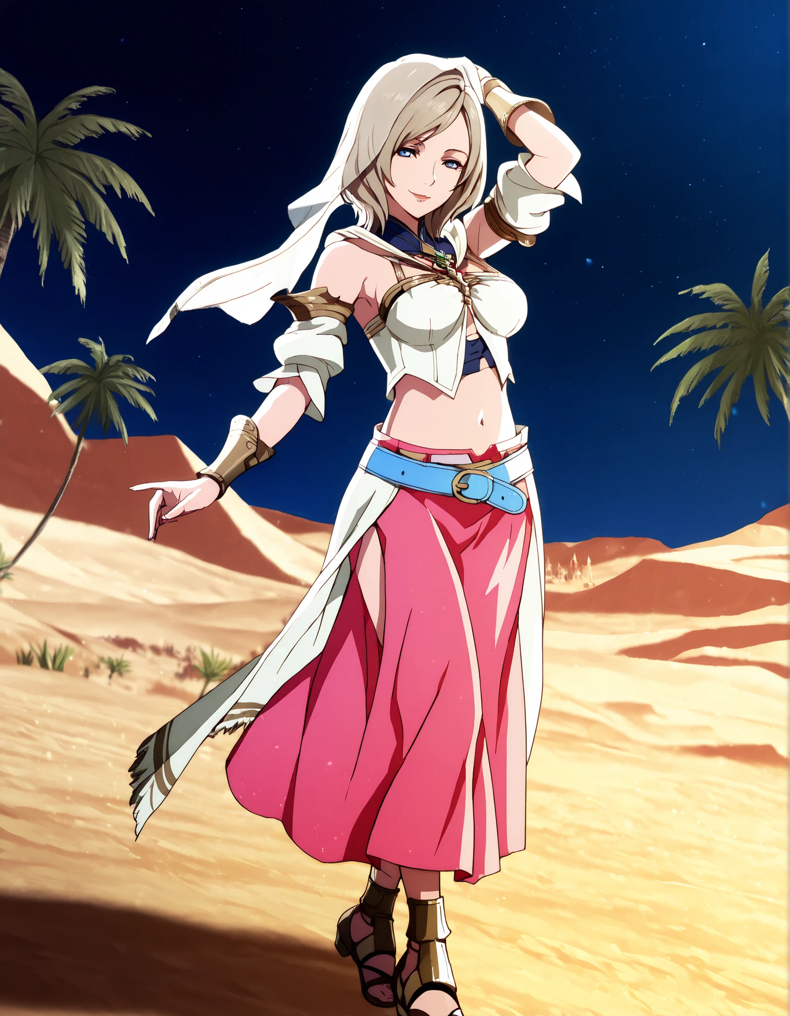 (1girl:1 . 5) , (Seul:1 . 5) , score_9 , score_8_haut , score_7_haut , source_anime , Official work , ultra-detailed , masterpiece , better quality , high resolution , beaux yeux , detailed eyes , Detailed face , beautiful detailed eyes,light brown hair, short hair, blue eyes,Final Fantasy,ashelia b'nargin dalmasca, dancer_fft,crop top,long skirt, belt,bracers, sandals, shawl,golden jewelery,armlet, belly dancing,night,desert lands,palm tree,seductive smile, dancing with veil, dynamic movement,dance posture, seductive pose