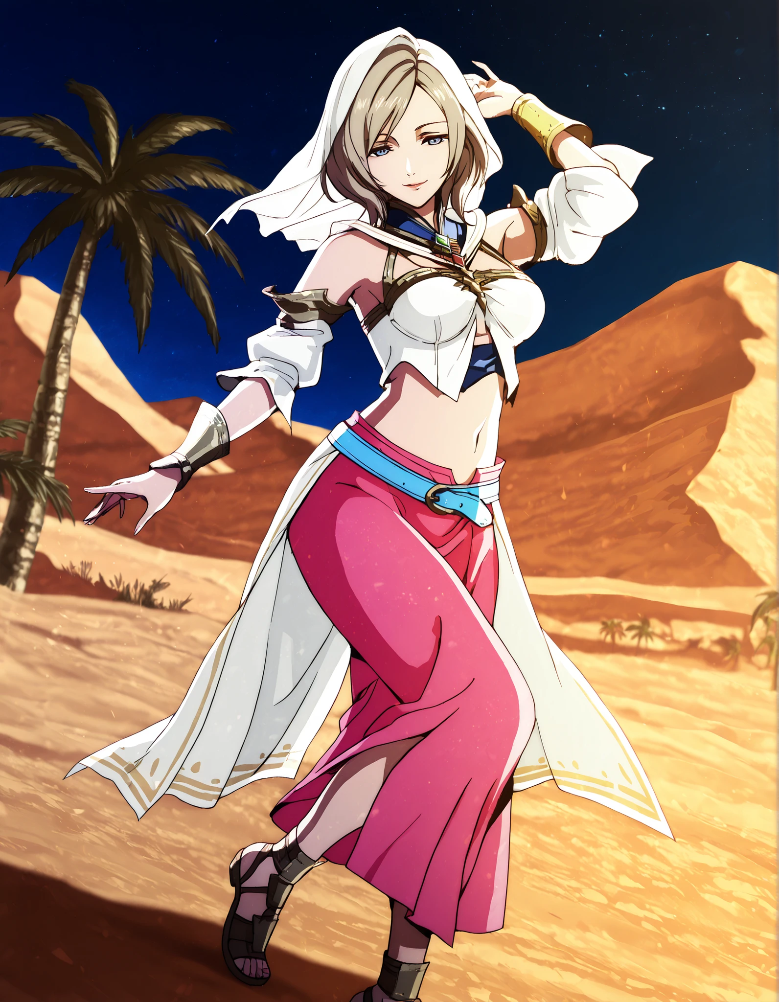 (1girl:1 . 5) , (Seul:1 . 5) , score_9 , score_8_haut , score_7_haut , source_anime , Official work , ultra-detailed , masterpiece , better quality , high resolution , beaux yeux , detailed eyes , Detailed face , beautiful detailed eyes,light brown hair, short hair, blue eyes,Final Fantasy,ashelia b'nargin dalmasca, dancer_fft,crop top,long skirt, belt,bracers, sandals, shawl,golden jewelery,armlet, belly dancing,night,desert lands,palm tree,seductive smile, dancing with veil, dynamic movement,dance posture, seductive pose