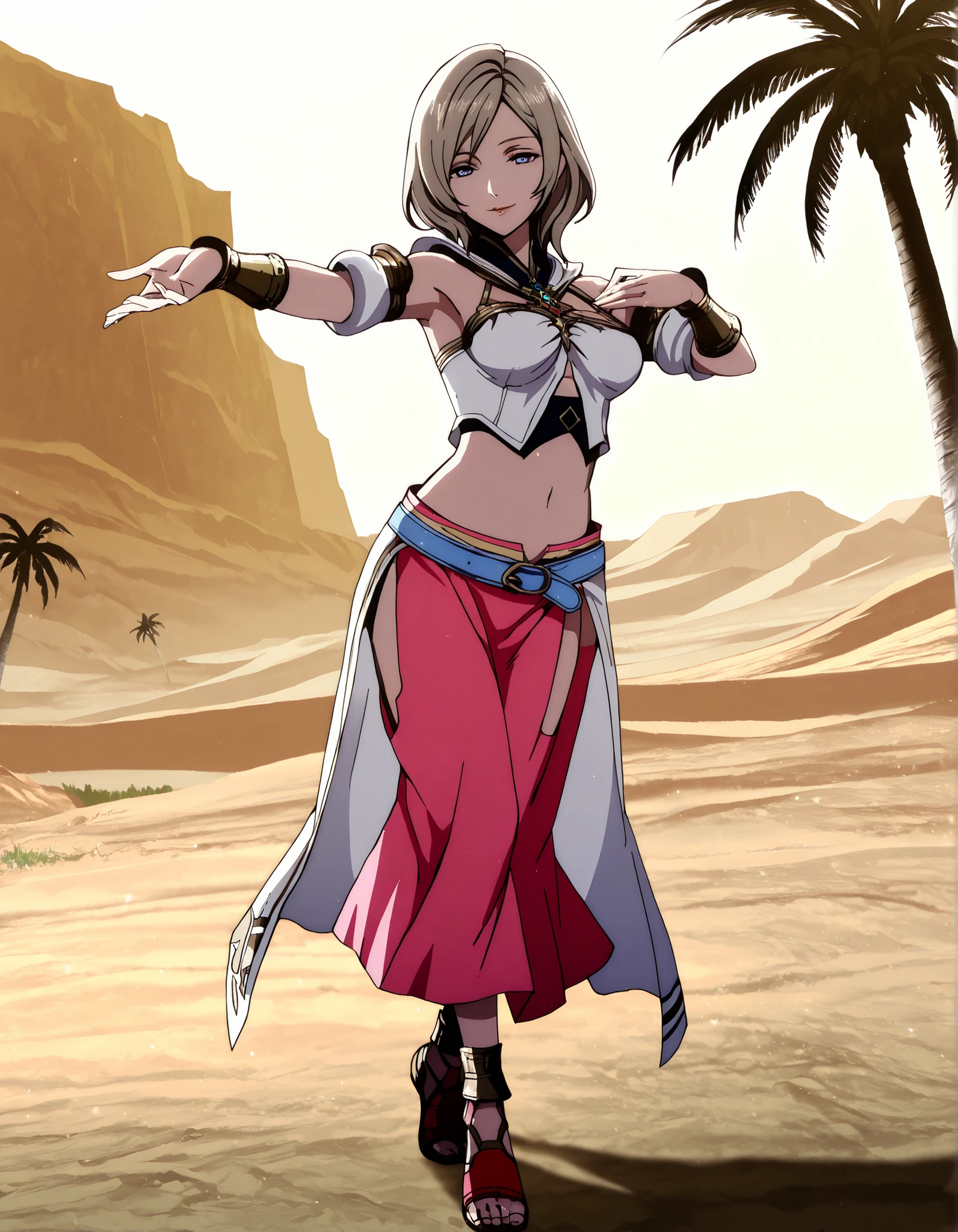 (1girl:1 . 5) , (Seul:1 . 5) , score_9 , score_8_haut , score_7_haut , source_anime , Official work , ultra-detailed , masterpiece , better quality , high resolution , beaux yeux , detailed eyes , Detailed face , beautiful detailed eyes,light brown hair, short hair, blue eyes,Final Fantasy,ashelia b'nargin dalmasca, dancer_fft,crop top,long skirt, belt,bracers, sandals, shawl,golden jewelery,armlet, belly dancing,desert lands,palm tree,seductive smile, dancing with veil, dynamic movement,dance posture, seductive pose