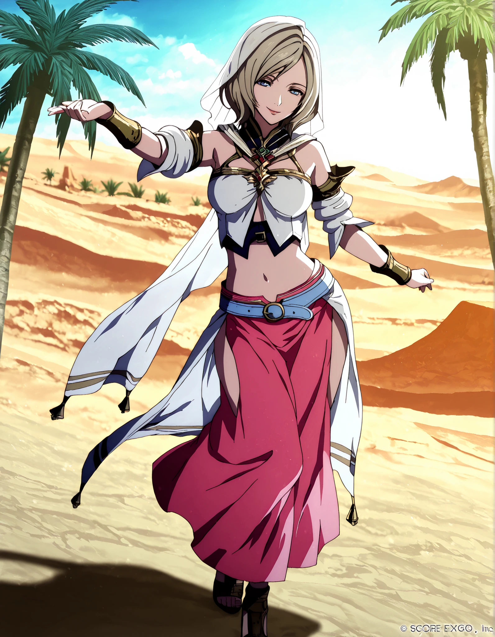 (1girl:1 . 5) , (Seul:1 . 5) , score_9 , score_8_haut , score_7_haut , source_anime , Official work , ultra-detailed , masterpiece , better quality , high resolution , beaux yeux , detailed eyes , Detailed face , beautiful detailed eyes,light brown hair, short hair, blue eyes,Final Fantasy,ashelia b'nargin dalmasca, dancer_fft,crop top,long skirt, belt,bracers, sandals, shawl,golden jewelery,armlet, belly dancing,desert lands,palm tree,seductive smile, dancing with veil, dynamic movement,dance posture, seductive pose