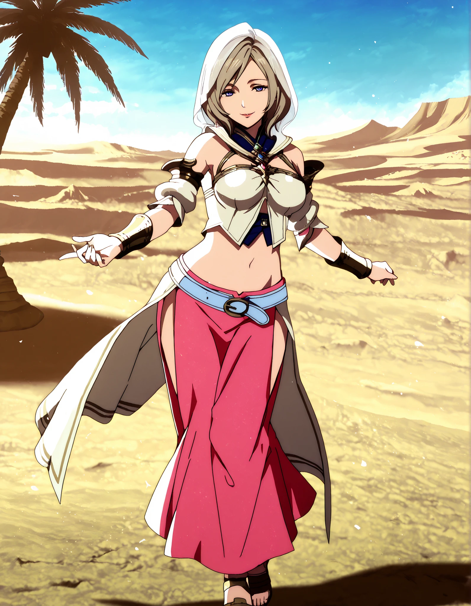 (1girl:1 . 5) , (Seul:1 . 5) , score_9 , score_8_haut , score_7_haut , source_anime , Official work , ultra-detailed , masterpiece , better quality , high resolution , beaux yeux , detailed eyes , Detailed face , beautiful detailed eyes,light brown hair, short hair, blue eyes,Final Fantasy,ashelia b'nargin dalmasca, dancer_fft,crop top,long skirt, belt,bracers, sandals, shawl,golden jewelery,armlet, belly dancing,desert lands,palm tree,seductive smile, dancing with veil, dynamic movement,dance posture, seductive pose