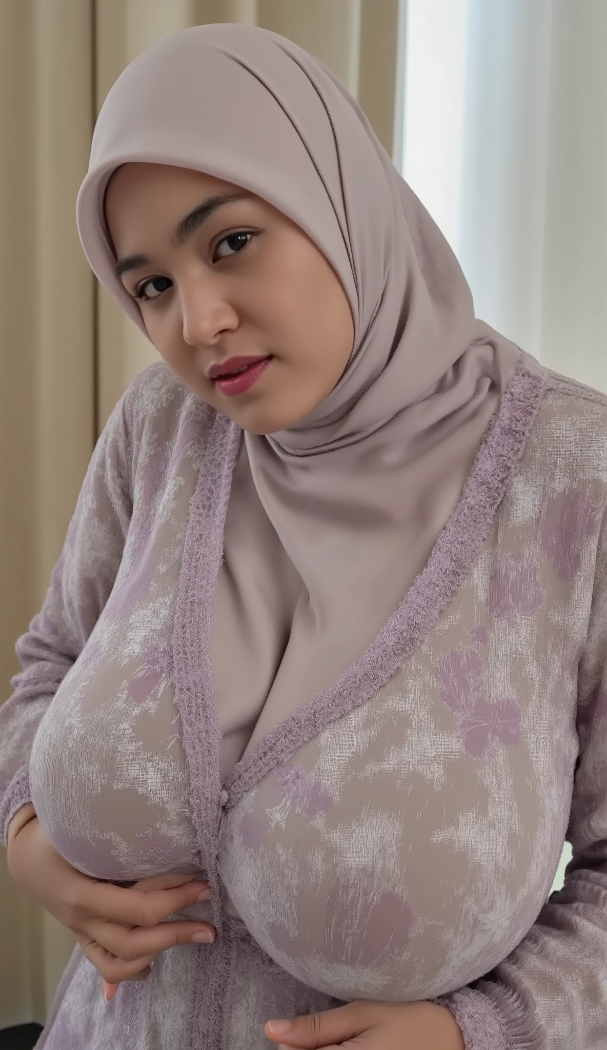 A girl with crafted bold flower patterned large simple instant bergo satin transparent hijab. Close up of women getting strangled, eyes closed, chin up, big breast, covered with large hijab, she is looking at the viewer with bright and loving eyes. She is leaning forwardal. Close-up of sexy body, very detailed. She is wearing a perfect wet soft sweater. Hasselblad H6D-400c MS, low exposure, big breast, huge breast, big arms, high contrast, ISO 100, with a 120mm macro lens. bulky belly, bulky breast, milky breast, breast larger than head, huge breasts, wrinkled breast, veiny breasts, lactating, montgomery glands, bright skin, gigantic breast, fat super breast, huge triplet breast, massive nipples, massive gigantomastia, macromastia, inverted nipples, exaggerated gigantic areolas, dark areolas, areolas visible, jiggling breasts, plump lips, ultra detailed breasts, saggy breasts, standing model pose 3/4 body, breast moles, mega cleavage, navel exposed alabaster skin, horny face, seductive face, ( Close Up),RAW, Best quality, high resolution, works: 1.3). All body covered with color r , HAIR