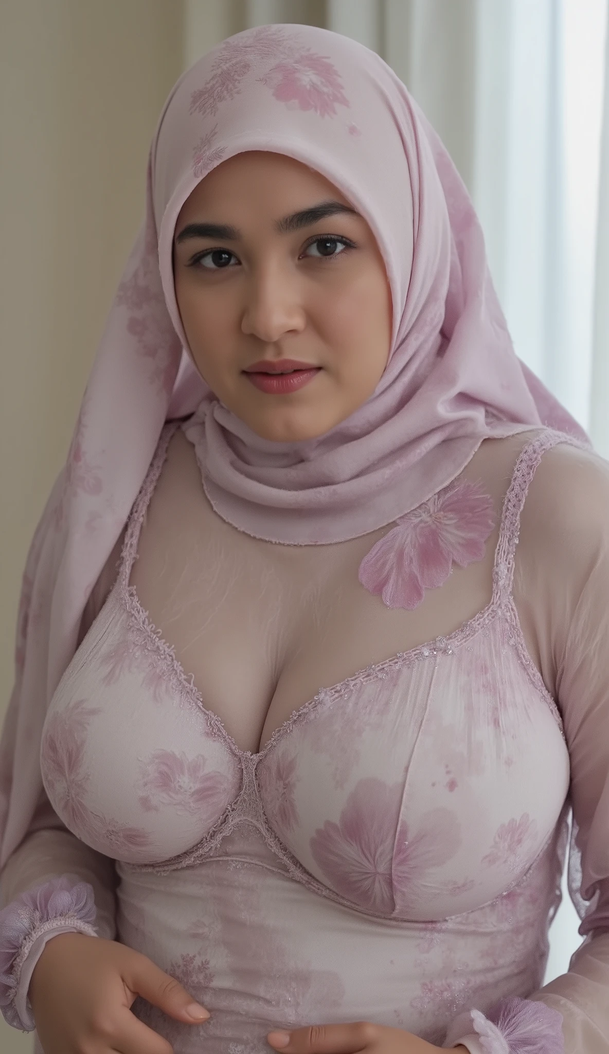 A girl with crafted bold flower patterned large simple instant bergo satin transparent hijab. Close up of women getting strangled, eyes closed, chin up, big , covered with large hijab, she is looking at the viewer with bright and loving eyes. She is leaning forwardal. Close-up of body, very detailed. She is wearing a perfect wet soft sweater. Hasselblad H6D-400c MS, low exposure, big , , big arms, high contrast, ISO 100, with a 120mm macro lens. bulky belly, bulky , milky , larger than head, , wrinkled , veiny , lactating, montgomery glands, bright skin, gigantic , fat super , huge triplet , massive , massive gigantomastia, macromastia, inverted , exaggerated gigantic , dark , visible, jiggling , plump lips, ultra detailed , saggy , standing model pose 3/4 body, moles, mega cleavage, navel exposed alabaster skin, face, face, ( Close Up),RAW, Best quality, high resolution, works: 1.3). All body covered with color r , HAIR