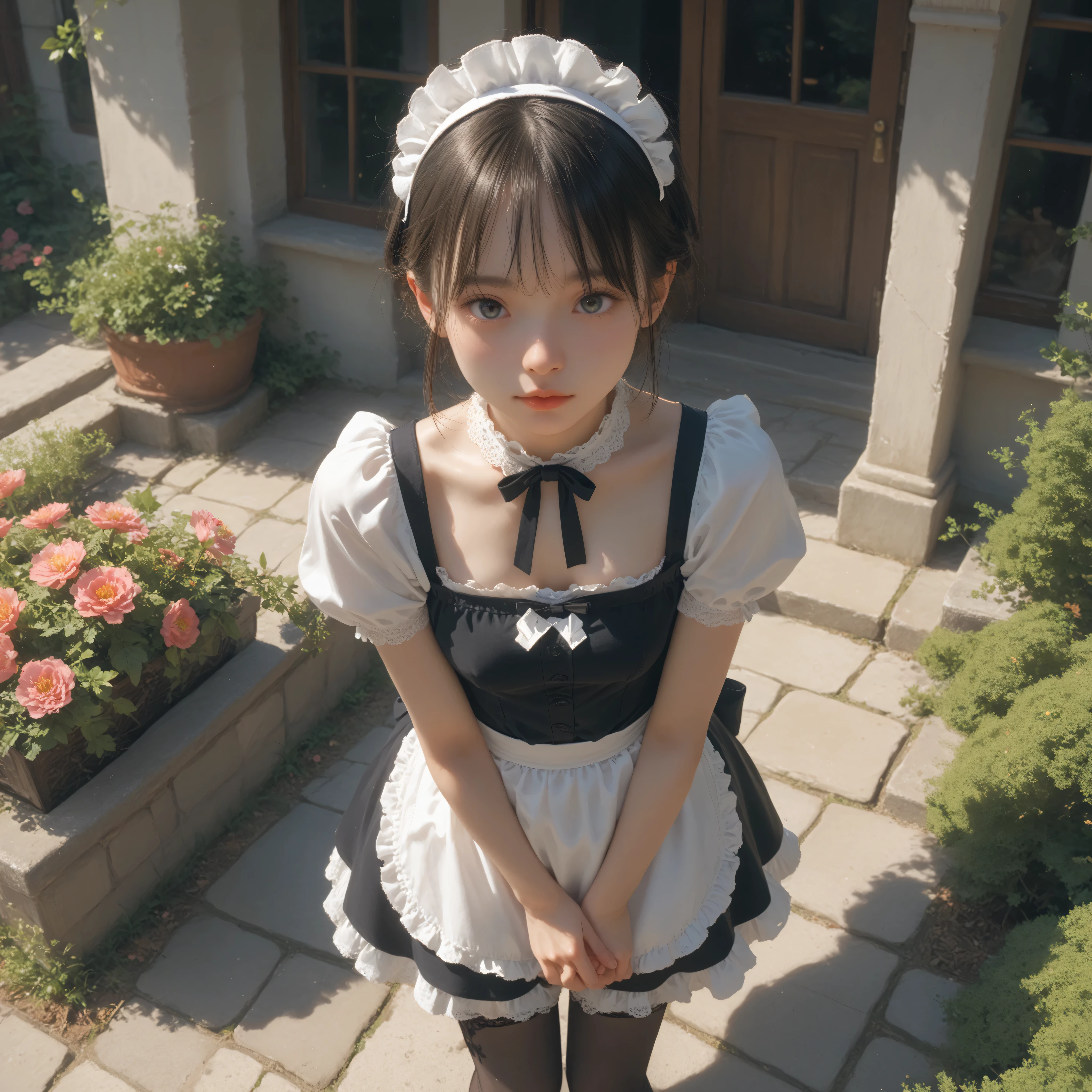 one girl、maids,Look at the audience,(skinny:1.13),(younger:0.53),from above,makes you lean forward,(big boobs:-0.22),is watering flowers outside the mansion,japanese,(Smile Yang:0.08),black lace stockings
