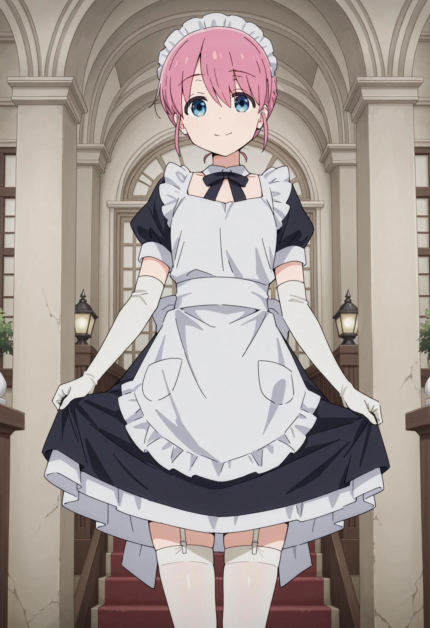 Score_9, score_8_up, score_7_up, source_anime, Michiyo Gotoh (character), 1girl, solo, pink hair, blue eyes, hair bun, (best quality), (high quality), {masterpiece}, extremely delicate and beautiful, ultra-detailed, beautiful detailed eyes, maid, black maid costume, short sleeves, puffy sleeves, white headdress, white frilled apron, white elbow gloves, white thighhighs, mansion, indoor, smile, closed mouth, standing