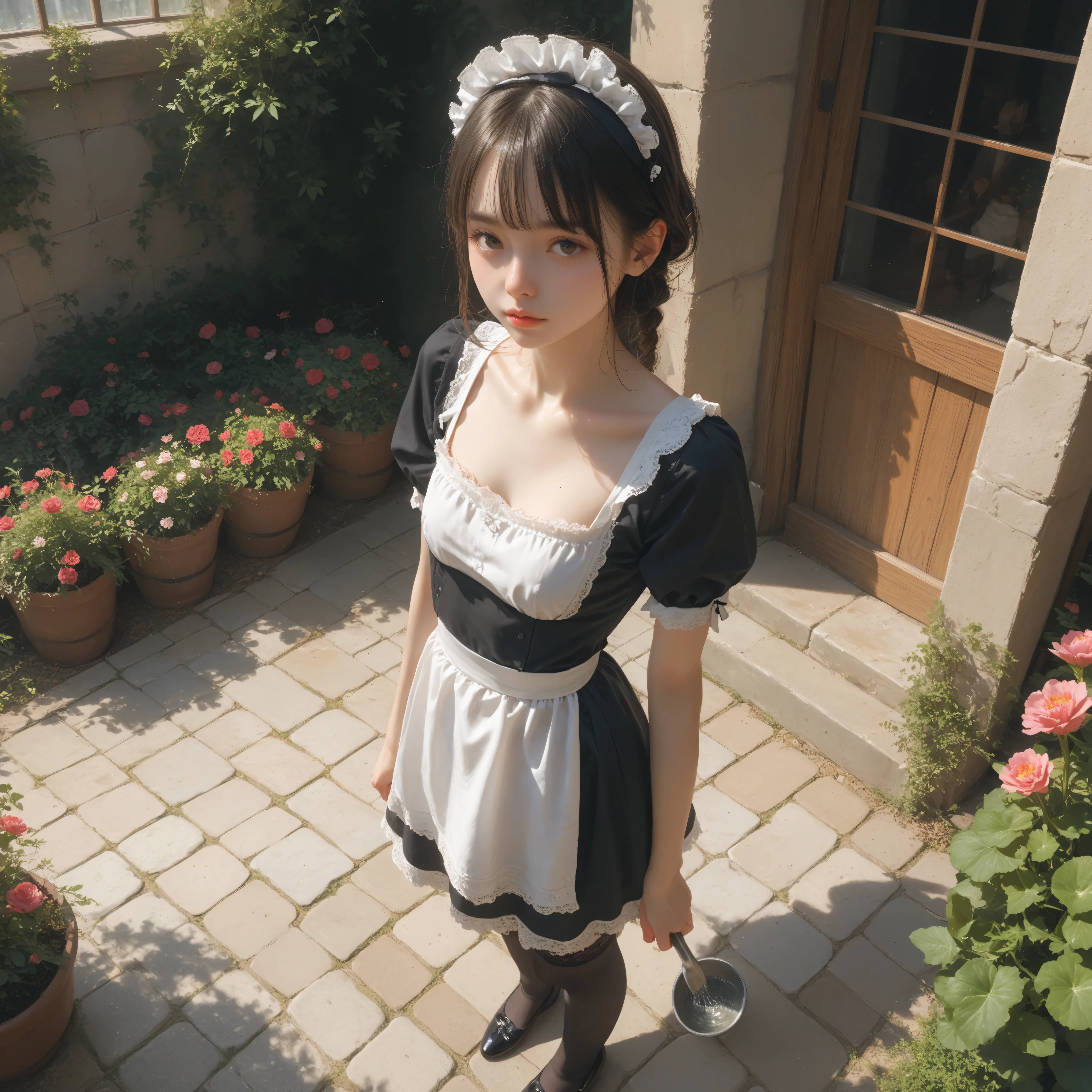 one girl、maids,Look at the audience,(skinny:1.13),(younger:0.53),from above,makes you lean forward,(big boobs:-0.22),is watering flowers outside the mansion,japanese,(Smile Yang:0.08),black lace stockings