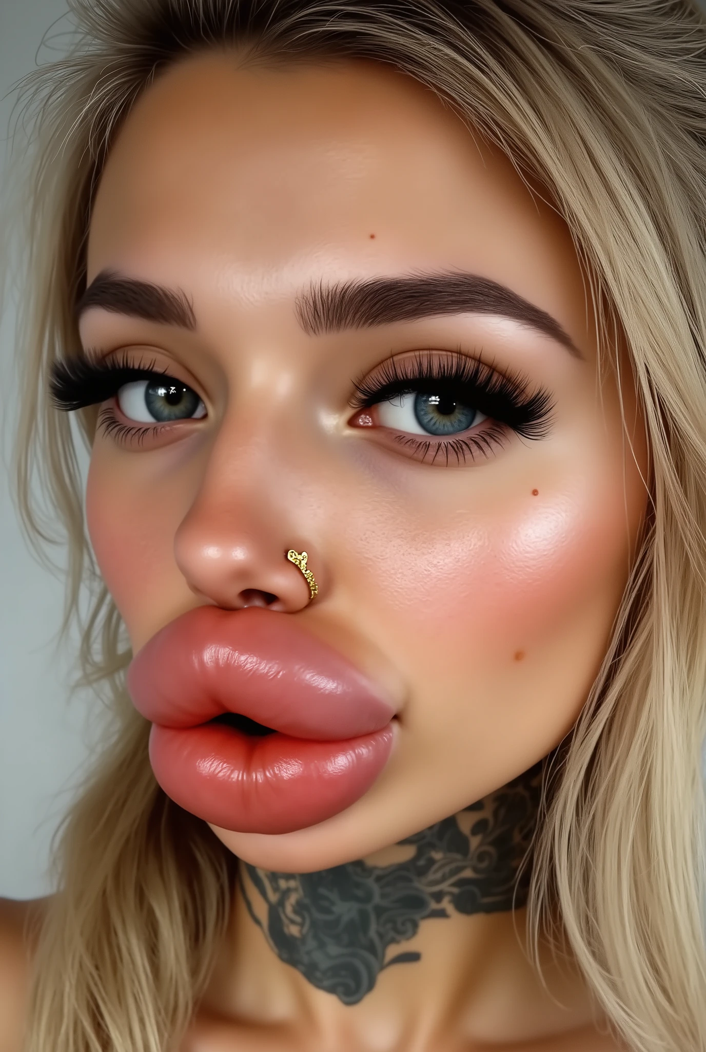 Beautiful young woman with delicate, realistic facial proportions. Wearing nose ring. Heart-shaped face with slightly rounded jawline and soft feminine features. Smooth, fair skin with a few natural freckles across the cheeks and nose. Medium-high cheekbones that create a subtle contour under the eyes. Straight, well-balanced nose with a narrow bridge and softly rounded tip. Full, pouty fake looking bimbo lips. Almond-shaped eyes with light blue-green color, slightly wide-set, framed by natural lashes. Medium-arched eyebrows following the eye shape. Light blonde, slightly wavy hair framing the face naturally. Soft daylight illumination highlighting skin texture and a warm, lifelike glow. Long blonde hair in a high ponytail.