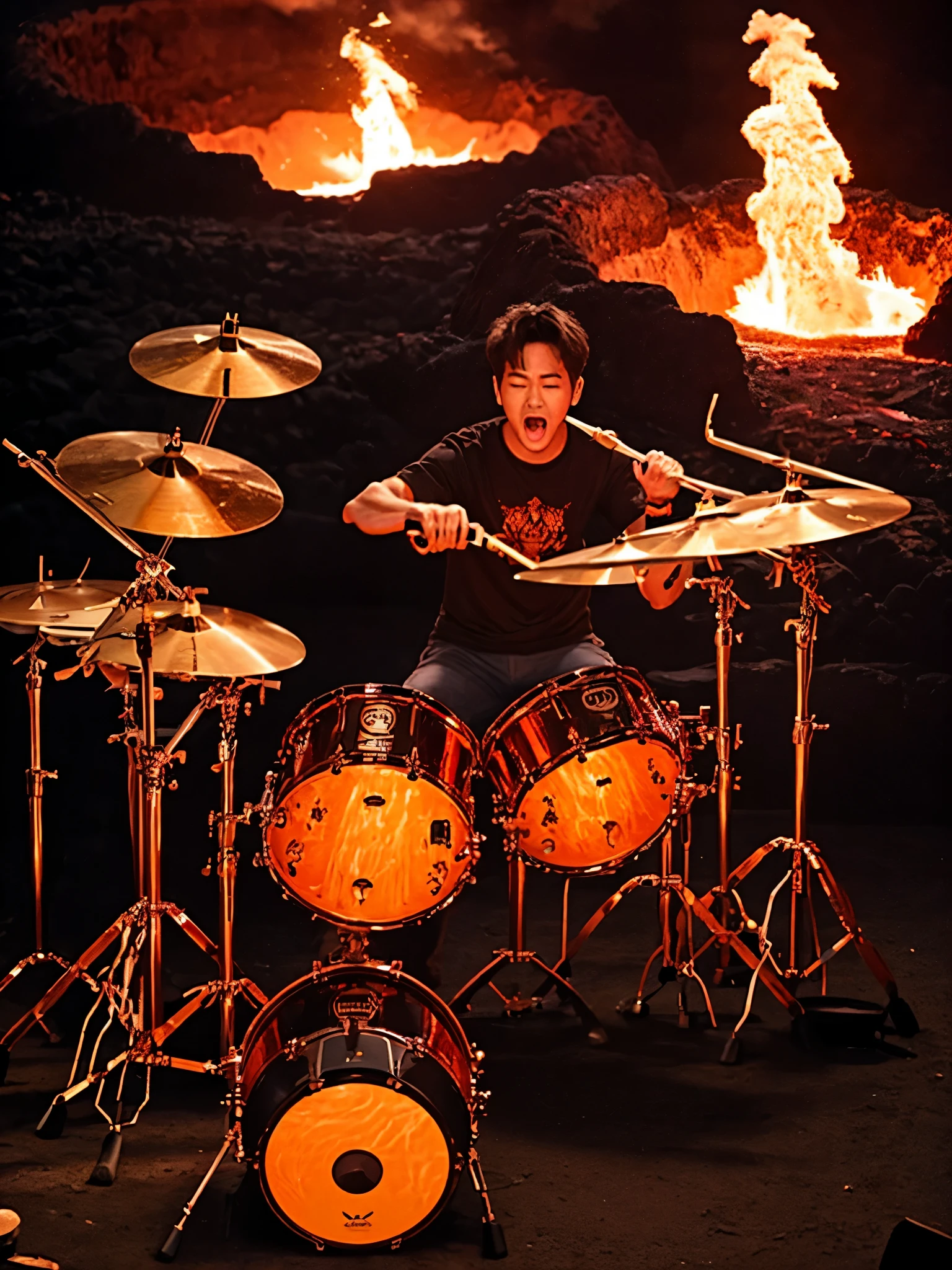 At the crater of a volcano、The area around a man in his 20s is covered with lava A man in his 20s playing the drums of a musical instrument is hot in the center of lava、 I'm playing the drums of the instrument、 I'm playing a drum set、Screaming like crazy、 sitting、 his hair is burning with red flames、 his lower body is in lava、 the stick he holds for playing drums is burning、 8K Highest Quality