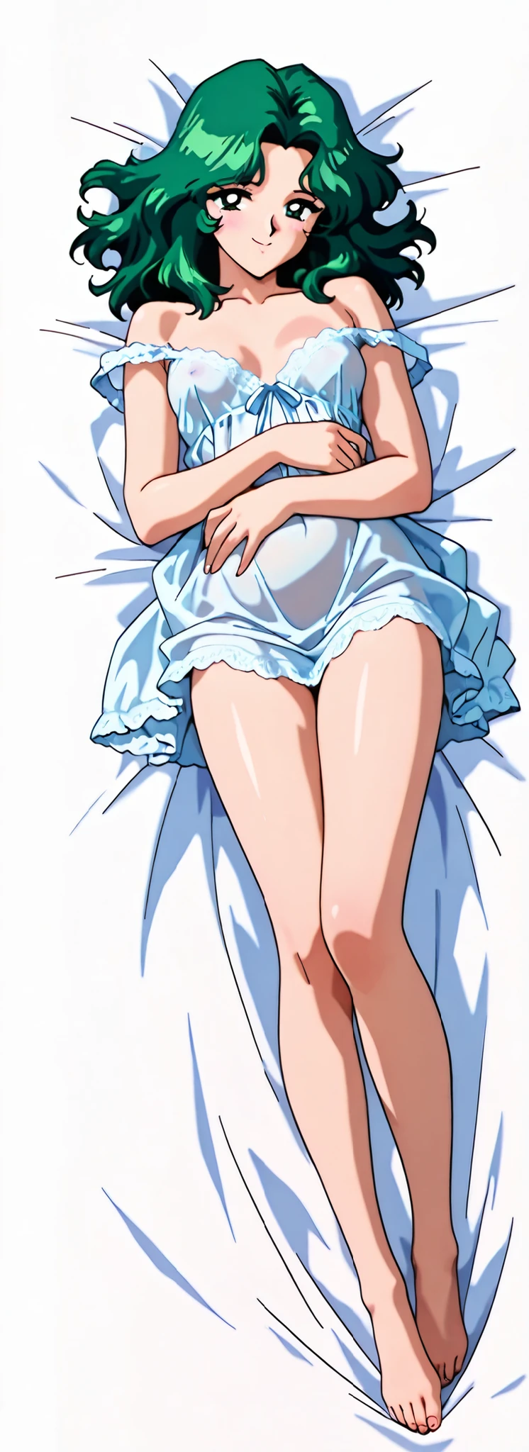 masterpiece, amazing quality, best quality, ultra-detailed, 8K, illustration, clear skin, ultra-detailed-eyes, soft skin, very awa, very as2, soft body, 1990s \(style\), official art, 1girl,solo,adult woman, michiru kaiou, dark green eyes, green hair, medium hair, small breasts, white nightgown, smile, full body, simple white background, for Dakimakura on bed,