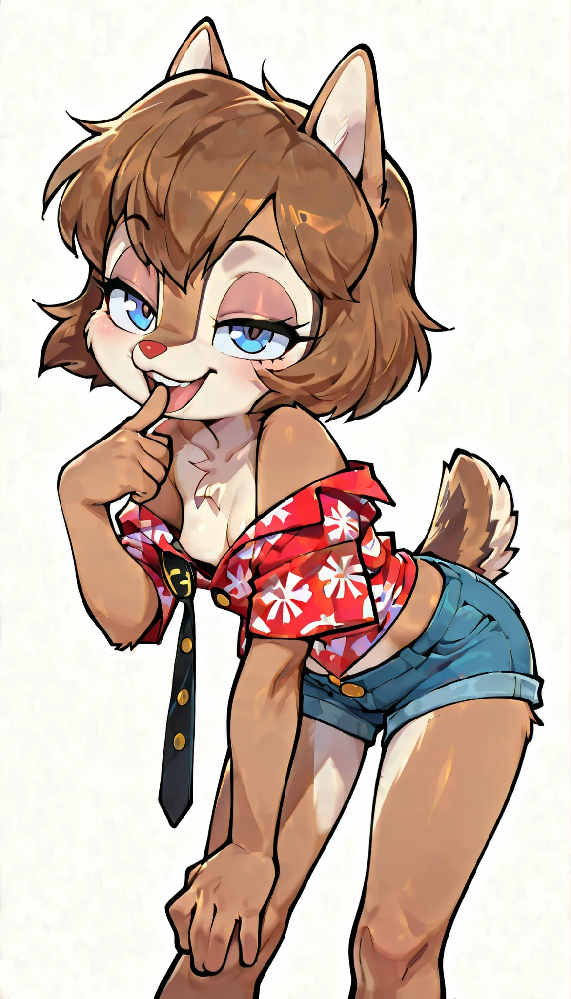 score_9, score_8_up, score_7_up, score_6_up,, hi_res, furry_source, absurdres, masterpiece, best quality, amazing quality, Chip'n Dale Rescue Rangers, 1girl, solo, alone, Femdale, furry, anthro, chipmunk girl, brown fur, blue eyes, chipmunk tail, red nose, brown hair, short hair, bangs, short body, short stature, ((red hawaiian shirt, one button fastened, claveage, off shoulder, denim shorts)), uperbody, small breasts, navel, (very skinny:1.0), (Small, Short:1.1), (young cub:1.2), spread buckteeth, white background, simple background, action pose, standing, smile, looking at viewer, seductive stare, leaning forward, looking ahead, one finger on tongue, open mouth, seductive smile,