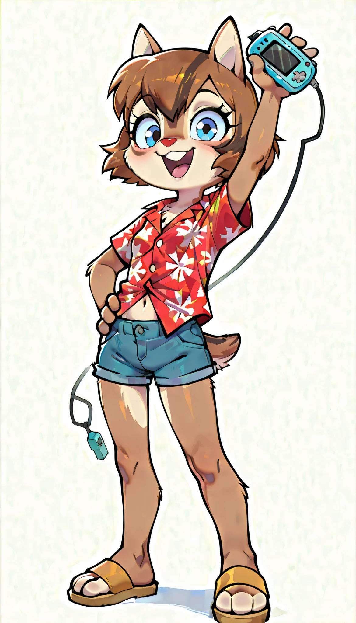 score_9, score_8_up, score_7_up, score_6_up,, hi_res, furry_source, absurdres, masterpiece, best quality, amazing quality, Chip'n Dale Rescue Rangers, 1girl, solo, alone, Femdale, furry, anthro, chipmunk girl, brown fur, blue eyes, chipmunk tail, red nose, brown hair, short hair, bangs, short body, short stature, ((red hawaiian shirt, a single button fastened, claveage, denim shorts, sandals)), full body, feets with three toes, small breasts, navel, (very skinny:1.0), (Small, Short:1.1), (young cub:1.2), spread buckteeth, white background, simple background, action pose, standing, smile, looking at viewer, epic stare, open mouth, one arm up, one hand own hip, hand up, holding a Digivice, Digimon Digivice,