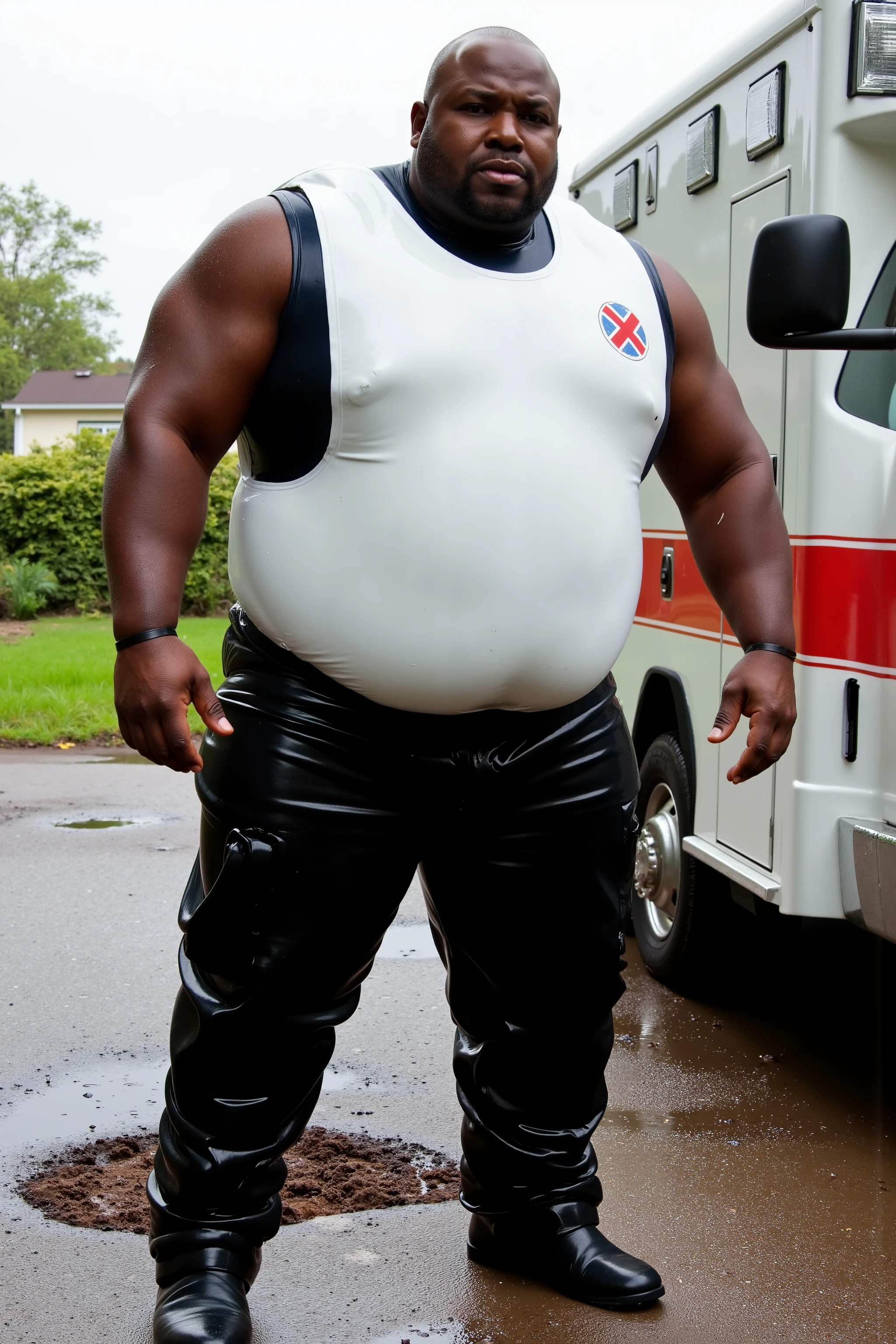 A huge muscular black man, 39 years old, 180 pounds, tall, giant arms with massive muscles, wearing a white uniform shirt made of latex with red crosses on the sleeves, short sleeve, wearing black uniform pants made of shiny rubber, he stands next to an ambulance in a muddy driveway with a hole of mud visible near the front of the ambulance, he wears a thick shining translucent plastic Asianpv that covers his chest in 40% translucent vinyl, sleeveless vest, it is raining heavily