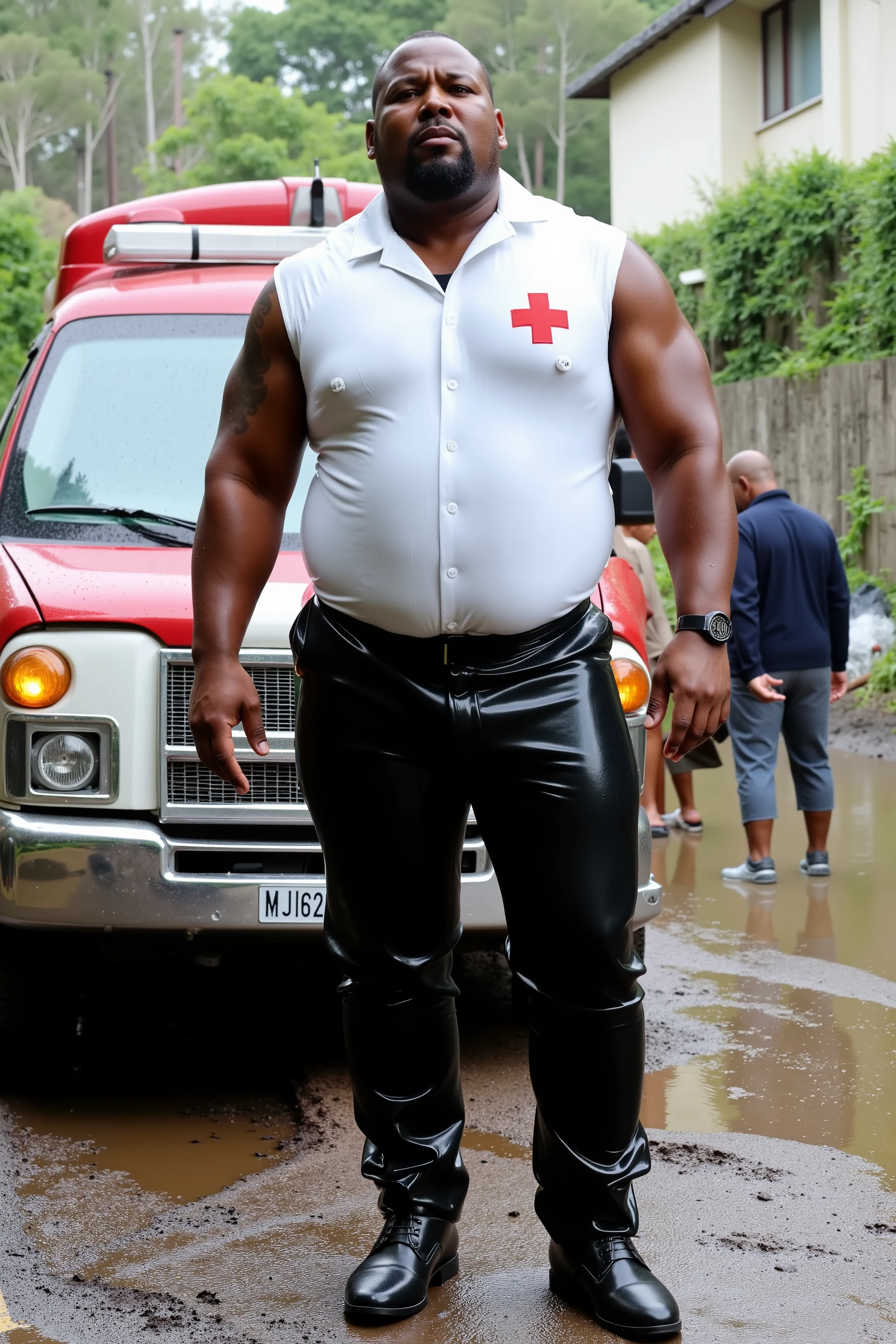 A huge muscular black man, 39 years old, 180 pounds, tall, giant arms with massive muscles, wearing a white uniform shirt made of latex with red crosses on the sleeves, short sleeve, wearing black uniform pants made of shiny rubber, he stands next to an ambulance in a muddy driveway with a hole of mud visible near the front of the ambulance, he wears a thick shining translucent plastic Asianpv that covers his chest in 40% translucent vinyl, sleeveless vest, it is raining heavily