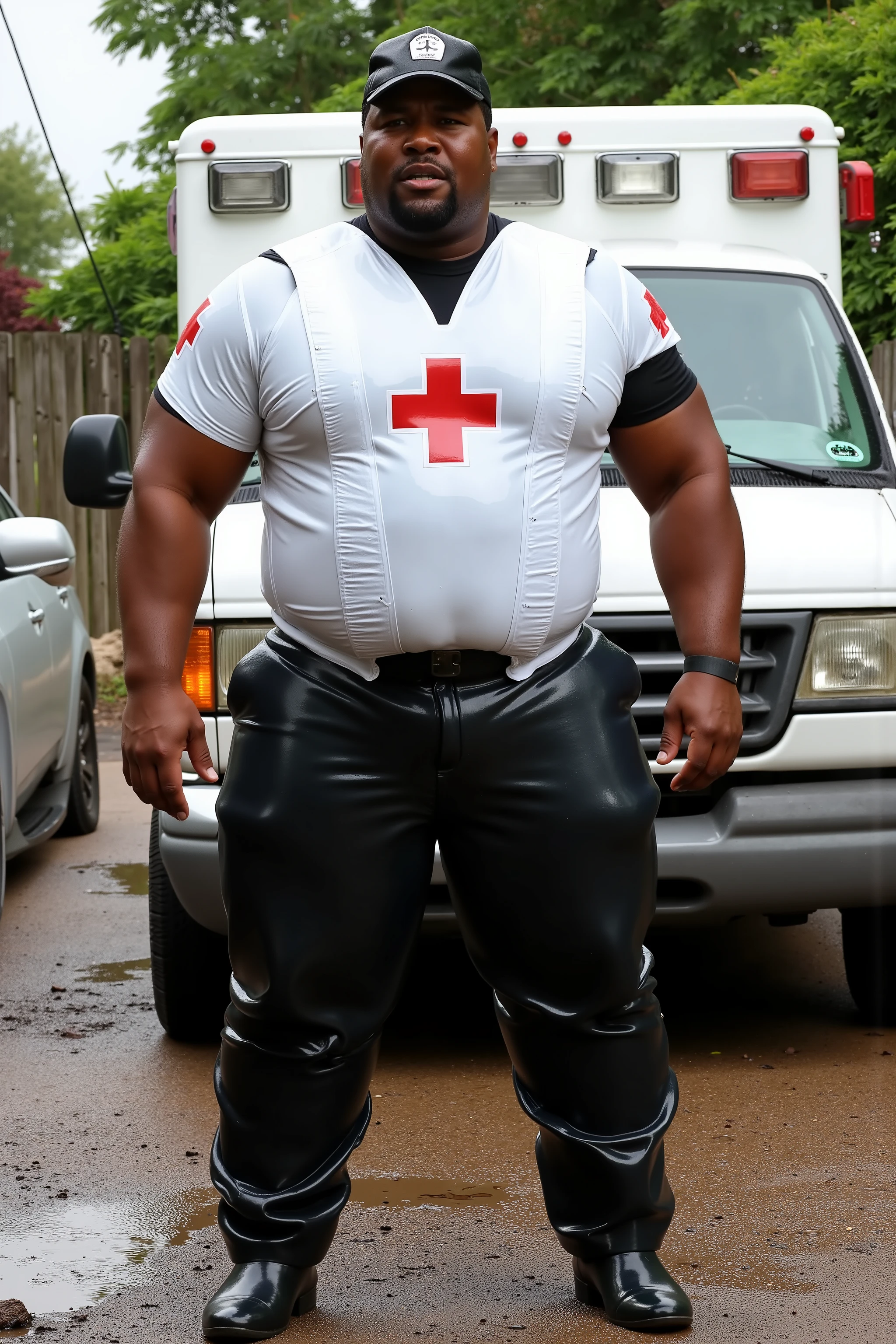 A huge muscular black man, 39 years old, 180 pounds, tall, giant arms with massive muscles, wearing a white uniform shirt made of latex with red crosses on the sleeves, short sleeve, wearing black uniform pants made of shiny rubber, he stands next to an ambulance in a muddy driveway with a hole of mud visible near the front of the ambulance, he wears a thick shining translucent plastic Asianpv that covers his chest in 40% translucent vinyl, sleeveless vest, it is raining heavily