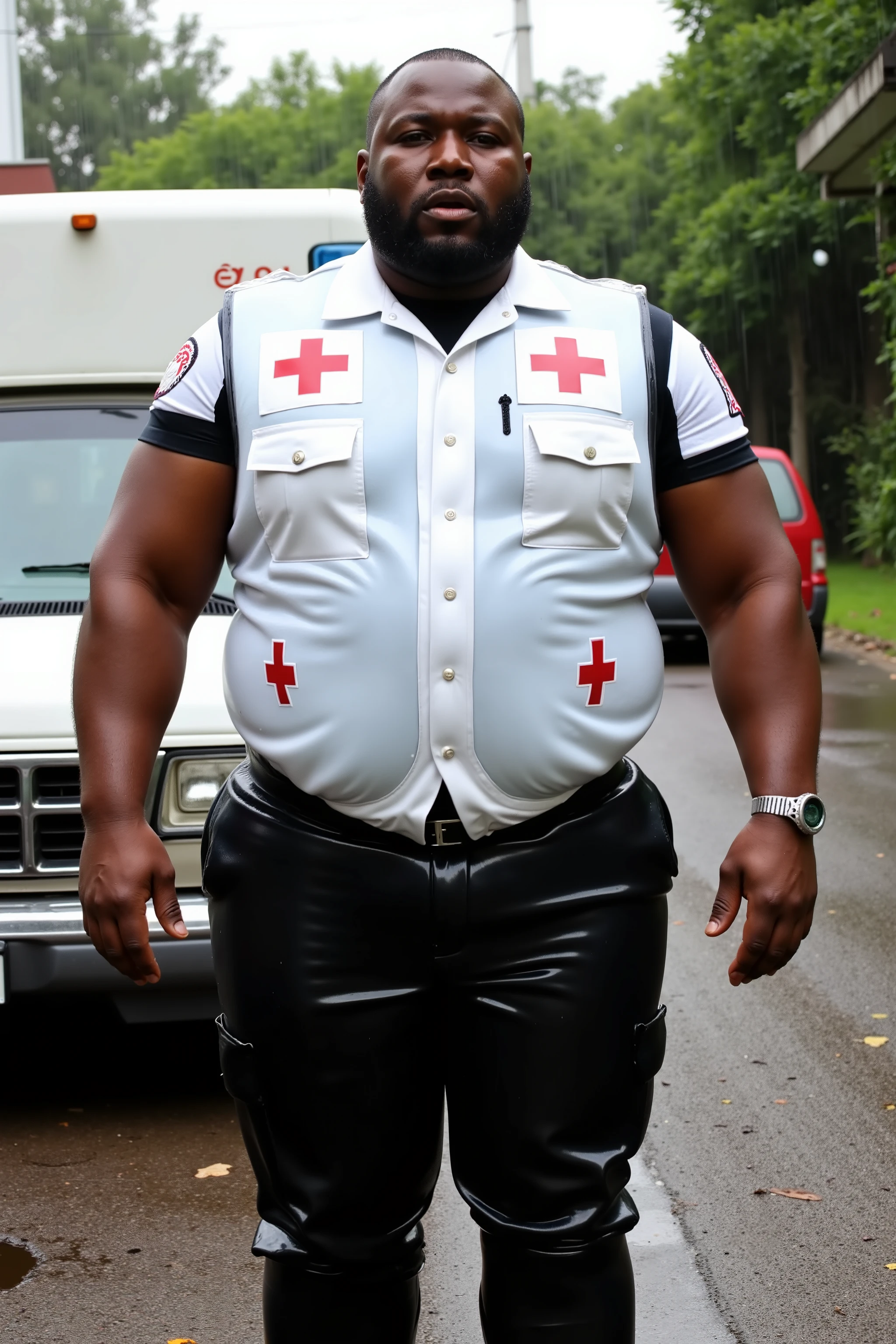 A huge muscular black man, 39 years old, 180 pounds, tall, giant arms with massive muscles, wearing a white uniform shirt made of latex with red crosses on the sleeves, short sleeve, wearing black uniform pants made of shiny rubber, he stands next to an ambulance in a muddy driveway with a hole of mud visible near the front of the ambulance, he wears a thick shining translucent plastic Asianpv that covers his chest in 40% translucent vinyl, sleeveless vest, it is raining heavily