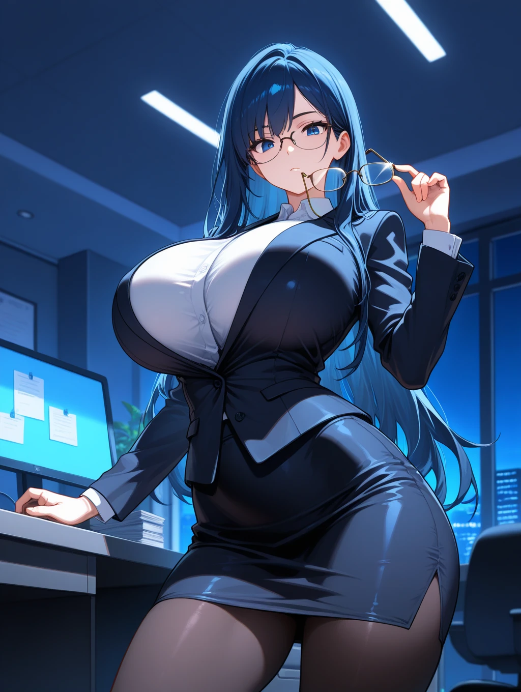 ((((sfw)))), I loaded the e621, beautiful and detailed,Woman (((female))) ((anthropo)) hyena, ross tran, por Ruan Jia, by zaush, por foxovh, cinematic lighting, seducer, hyena, thicc thighs, (giant ), full body view, (anthropo, cute fur, character focus:1.1), 1 girl, anthropo dog girl, body skin, standing alone, Giant , (thicc thighs grossas:0.3), curved, non-giant spotlight , big fit   sensuous  sensuous  invitation, (heart-shaped pupils), sensuous, seducer, fall in love girl, great, cute,  face, room, big fit  aureola sahow , show , black hair with blue highlights. night looking at the rain . high school girl, semi-buttoned uniform niform, with his shirt soaked from front show giant  (for very little_visible_boba) big fit _, visibile saliva offering the  and  partial badass clothing (She is sitting) ((She is showing her sensuality) ( blue collar.) hottest hot 1st position for sensuous blue eyes confortable naughy face anime-style cartoon-style squirrel ears with blue hair and wearing secretary clothes , digital drawing and colorful city in the background,  expression.) tight shorts  garter belt tights