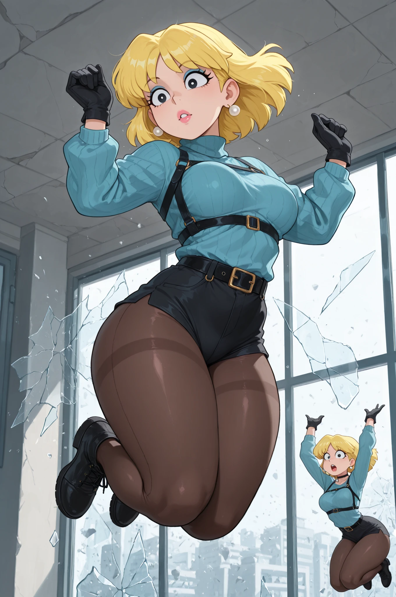 Lori Loud . , huge , blonde hair , black eyes , blue eyeshadow , pink lips, pearl earrings , white earrings . choker . | masterpiece, best quality, adasweater, sweater, turtleneck, harness, pantyhose, gloves, belt, knees up, (jumping:1.5), window, broken glass, reflection, parkour,