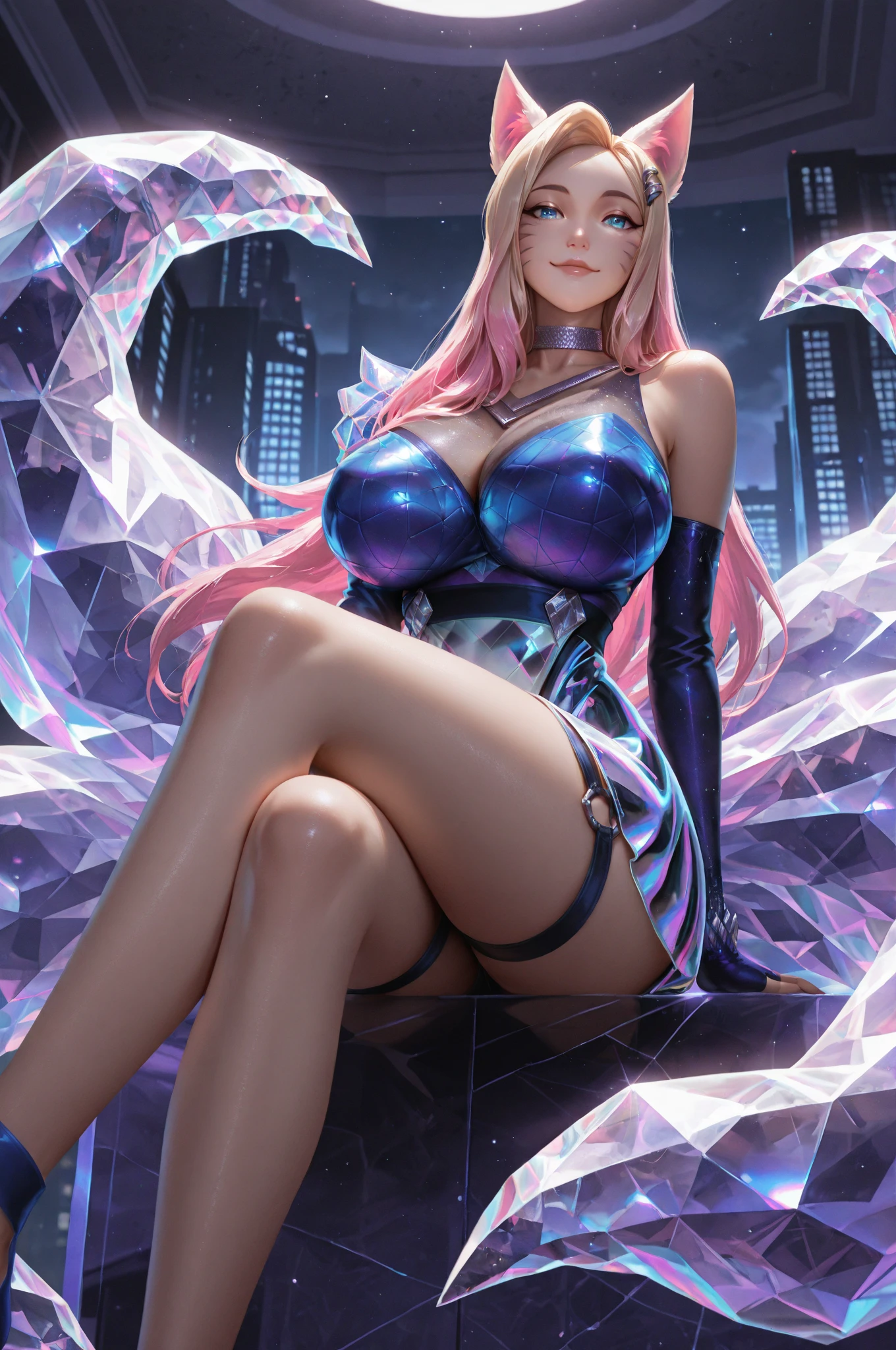 ???? Photo of K/DA All Out Ahri from League of Legends, hyperdetailed intricately detailed art trending on Artstation triadic colors Unreal Engine 5 detailed , 8k resolution, deviantart masterpiece, (????????????????: 1.8), seductive pose, clean pale skin, perfect pale smooth ???????, light blue detailed eyes flashing with allure, (fancy hair cascading down her back), fancy black make-up, black brows, eyeliner, blushing, parted lips, saggy ???????, (fully ?????: 1.2), (wearing nothing: 1.2), happy face