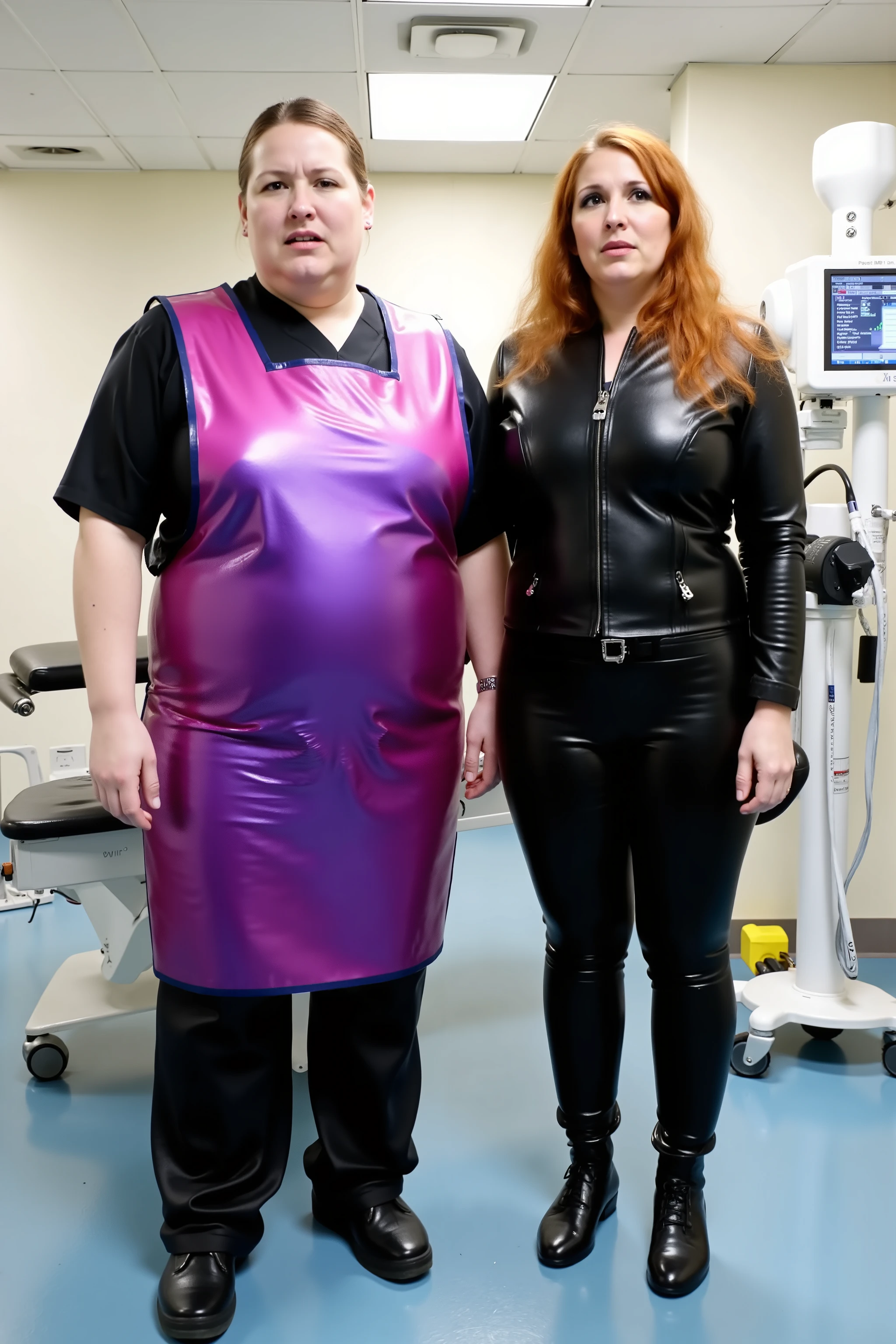 A 220 pound woman wearing a shining purple and pink lead apron, standing inside of a hospital radiology room, next to a thin tall read headed woman wearing a black motorcycle jacket made of heavy polished leather with black pants made of thick polished leather,