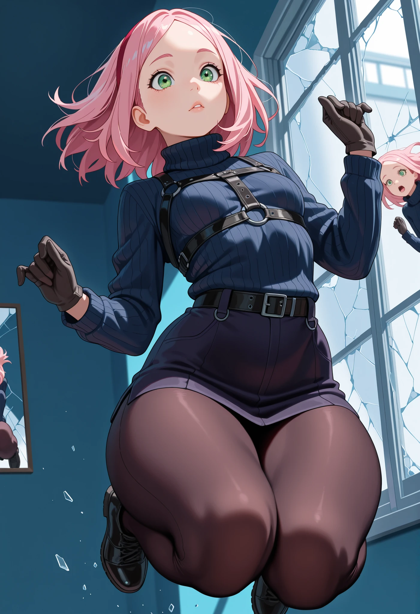 Sakura Haruno. small breasts, huge hips, pink hair, medium hair, light green eyes, thin lips, very fair skin, big forehead.| masterpiece, best quality, adasweater, sweater, turtleneck, harness, pantyhose, gloves, belt, knees up, (jumping:1.5), window, broken glass, reflection, parkour,