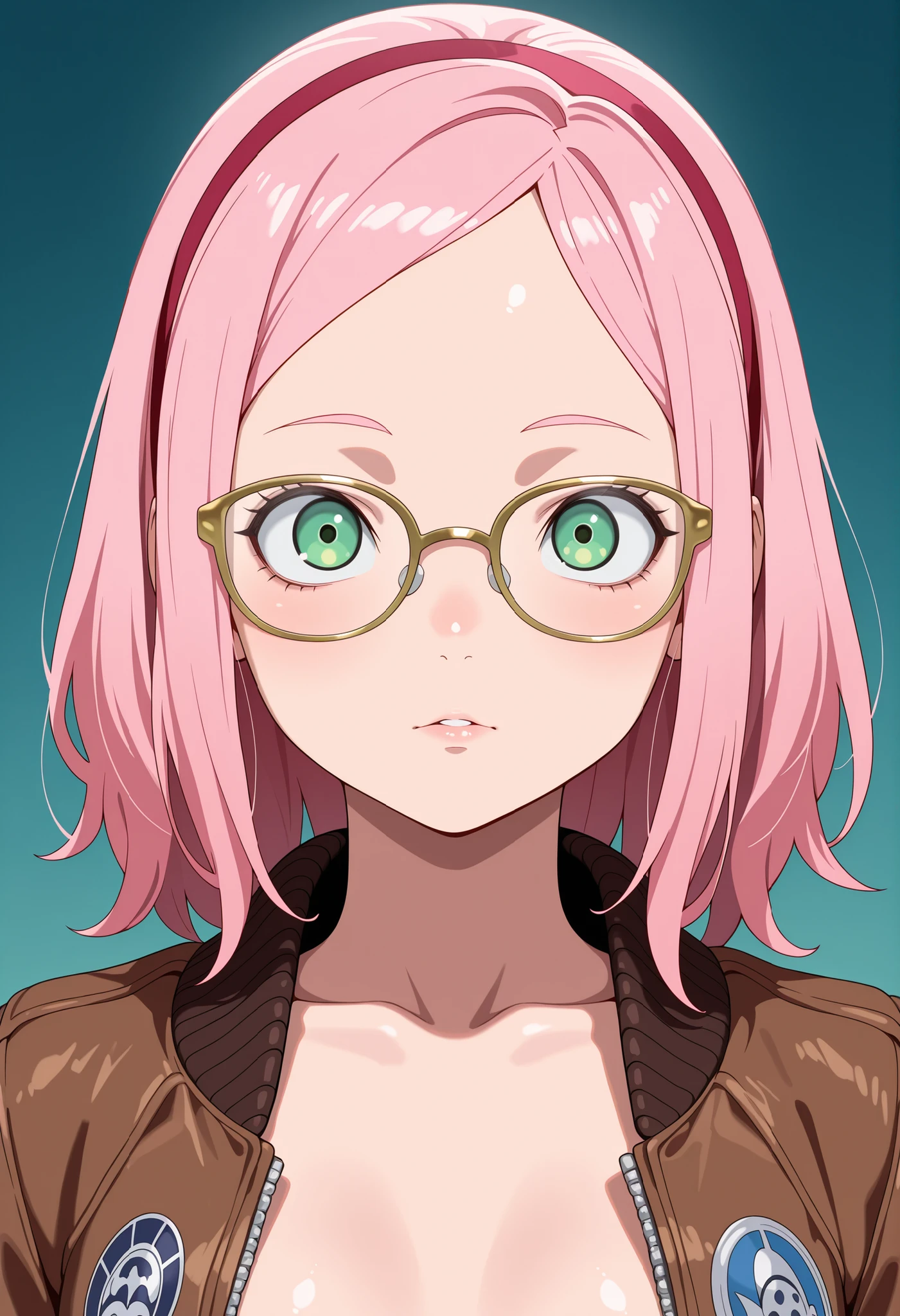 Sakura Haruno. small breasts, huge hips, pink hair, medium hair, light green eyes, thin lips, very fair skin, big forehead.| best quality, amazing quality, masterpiece, anime, 1girl, portrait, close-up, stylish glasses, gold glasses, bomber jacket