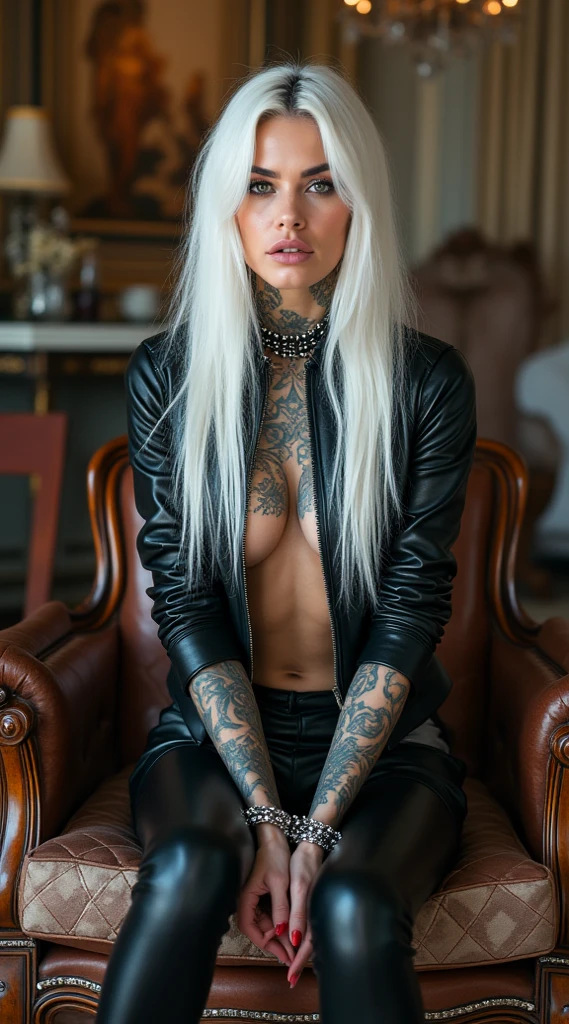 (Best Quality, 8K, 32K, masterpiece:1.3), Ultra-detailed, (Photorealistic:1.4), white colors, albino, Punk Girl, Detailed eyes, full body and legs, Luxurious punk hair, Edgy punk fashion, Avant-garde makeup, Numerous piercings, Heavily tattooed body, in a moody vintage bar,  tension, full body shot, close up, moody bar atmosphere, Backlight effect,