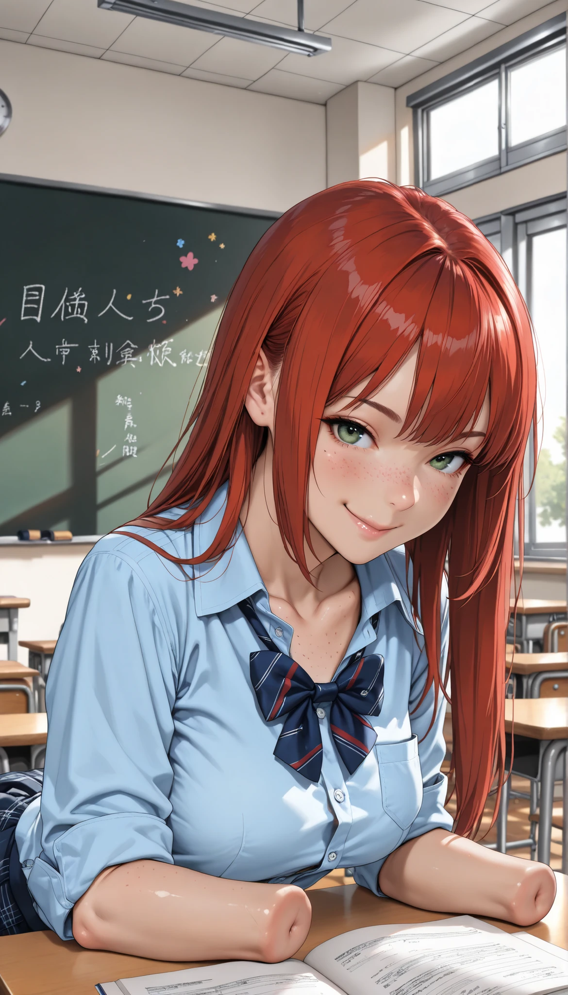 beautiful girl dressed in blue shirt with rolled sleeves and skirt studying in the shiny classroom, girl, cute, sassy, smile, green eyes, (freckles), redhead, ((long straight red hair)), ((light blue button down shirt)), (amputee), (((arm stumps))), ((collarbone)), (breast pocket), classroom, masterpiece, best quality, amazing quality, realistic, hyper-detailed, desk, studying, big breasts,((loose bowtie))