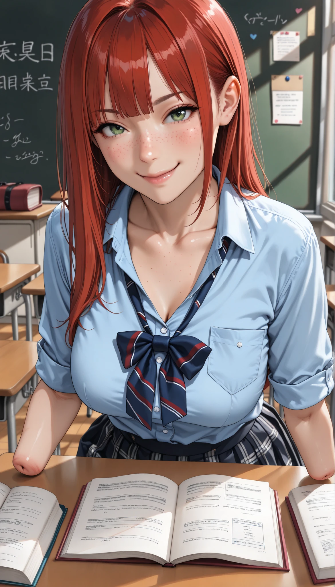 beautiful girl dressed in blue shirt with rolled sleeves and skirt studying in the shiny classroom, girl, cute, sassy, smile, green eyes, (freckles), redhead, ((long straight red hair)), ((light blue button down shirt)), (amputee), (((arm stumps))), ((collarbone)), (breast pocket), classroom, masterpiece, best quality, amazing quality, realistic, hyper-detailed, desk, studying, big breasts, ((loose bowtie))