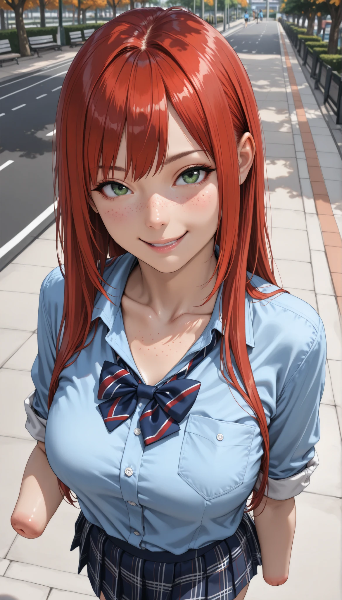 beautiful high school girl dressed in blue shirt with rolled sleeves walking on a shiny street, girl, cute, sassy, smile, green eyes, (freckles), redhead, ((long straight red hair)), ((light blue shirt)), (amputee), armless, ((collarbone)), (breast pocket), masterpiece, best quality, amazing quality, (realistic), hyper-detailed, big breasts, street, sea bank, park, ((loose bowtie))