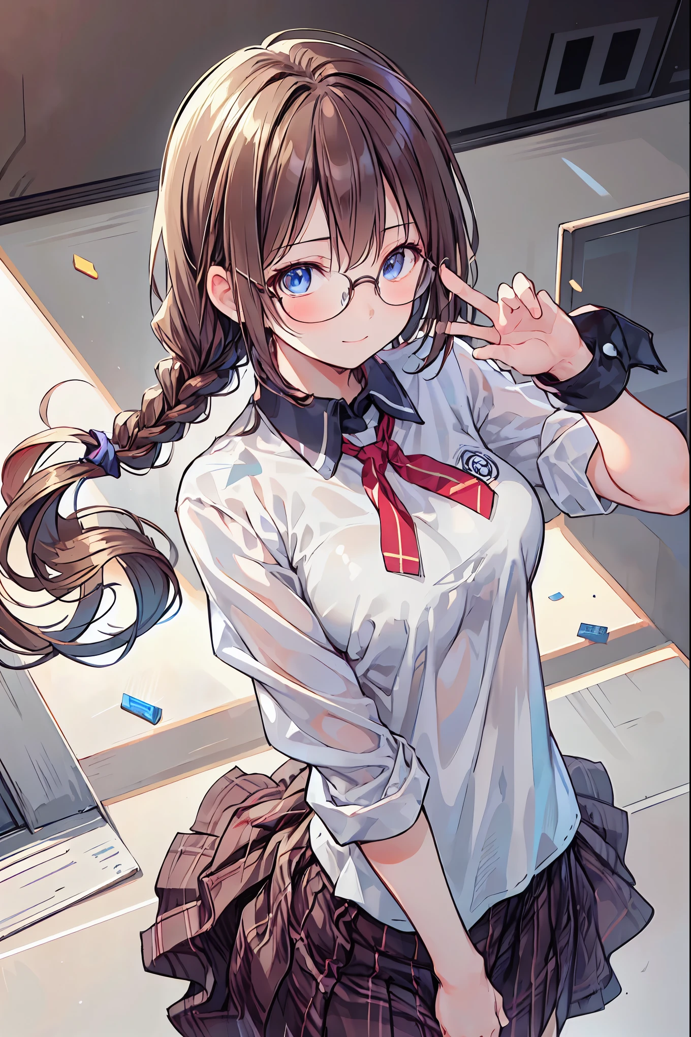 (((gold rimmed glasses))),(((Peace sign on face))),(((Bust Shot))),((face up)),((upper body)),((from above:1.2)),Dazzling gaze,Dignified Behavior,cowboy shot,big boobs,Long hair,Student Council President,School student council room,Student Charisma,Sharp Expressions,I am the most,Vice President for Male Students,Accounting and General Affairs Student,Declared War on Unreasonable Teachers,8K,Ultimate Details,Realistic,HDR,natural lighting,Professional,Brilliant Colors彩,Bokeh,brown hair,shortcuts,unkempt hair,Short braided hair,Neat,slender beauty,correct posture,small breasted,beautiful legs,Fascinating Gray-Blue Eyes Shine Like Stars,Saggy Eyes,Brilliant Colors,beautiful eyes,A delicate smile,Textured Skin,Highest Quality,gentle and beautiful woman,anime style、