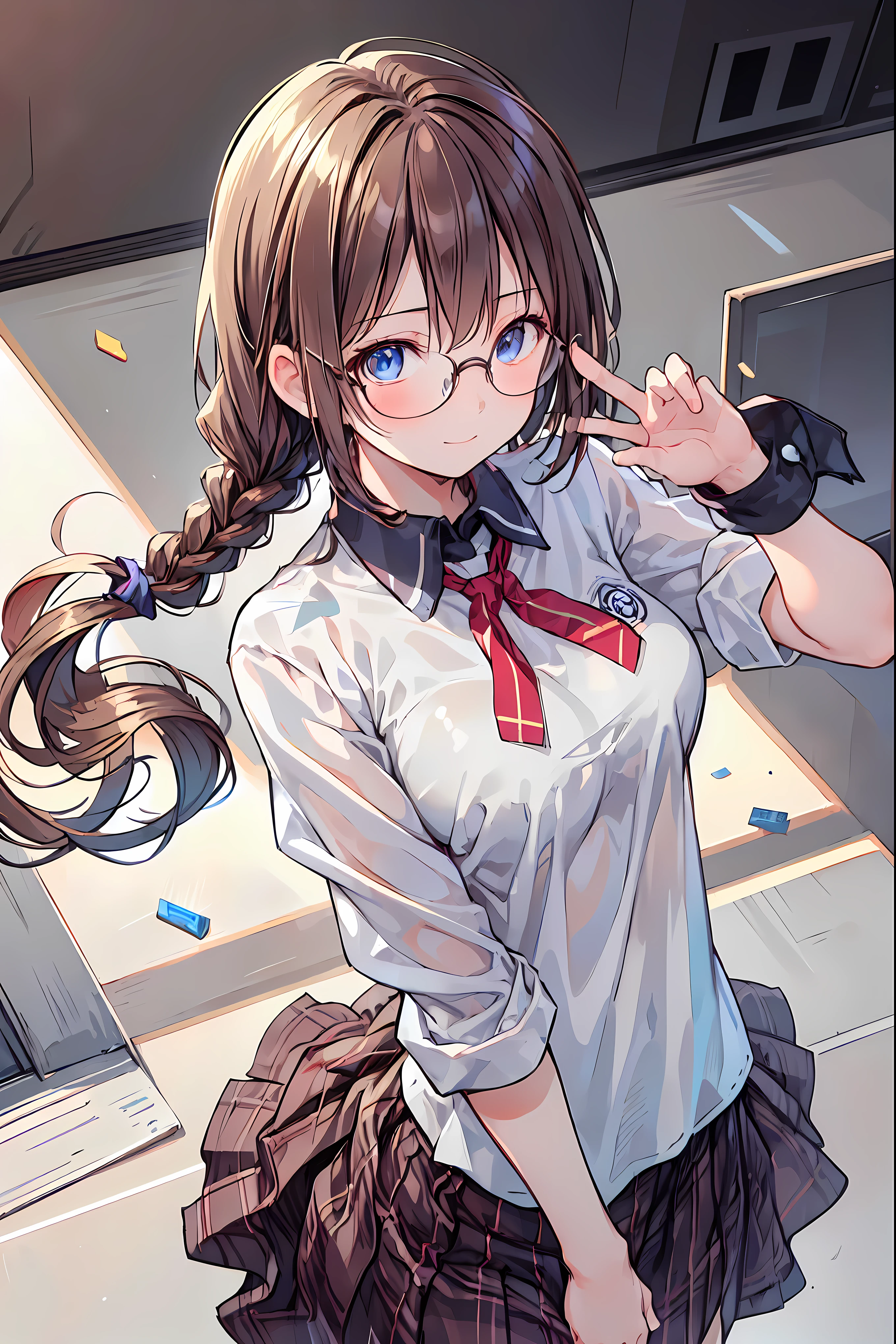 (((gold rimmed glasses))),(((Peace sign on face))),(((Bust Shot))),((face up)),((upper body)),((from above:1.2)),Dazzling gaze,Dignified Behavior,cowboy shot,big boobs,Long hair,Student Council President,School student council room,Student Charisma,Sharp Expressions,I am the most,Vice President for Male Students,Accounting and General Affairs Student,Declared War on Unreasonable Teachers,8K,Ultimate Details,Realistic,HDR,natural lighting,Professional,Brilliant Colors彩,Bokeh,brown hair,shortcuts,unkempt hair,Short braided hair,Neat,slender beauty,correct posture,small breasted,beautiful legs,Fascinating Gray-Blue Eyes Shine Like Stars,Saggy Eyes,Brilliant Colors,beautiful eyes,A delicate smile,Textured Skin,Highest Quality,gentle and beautiful woman,anime style、