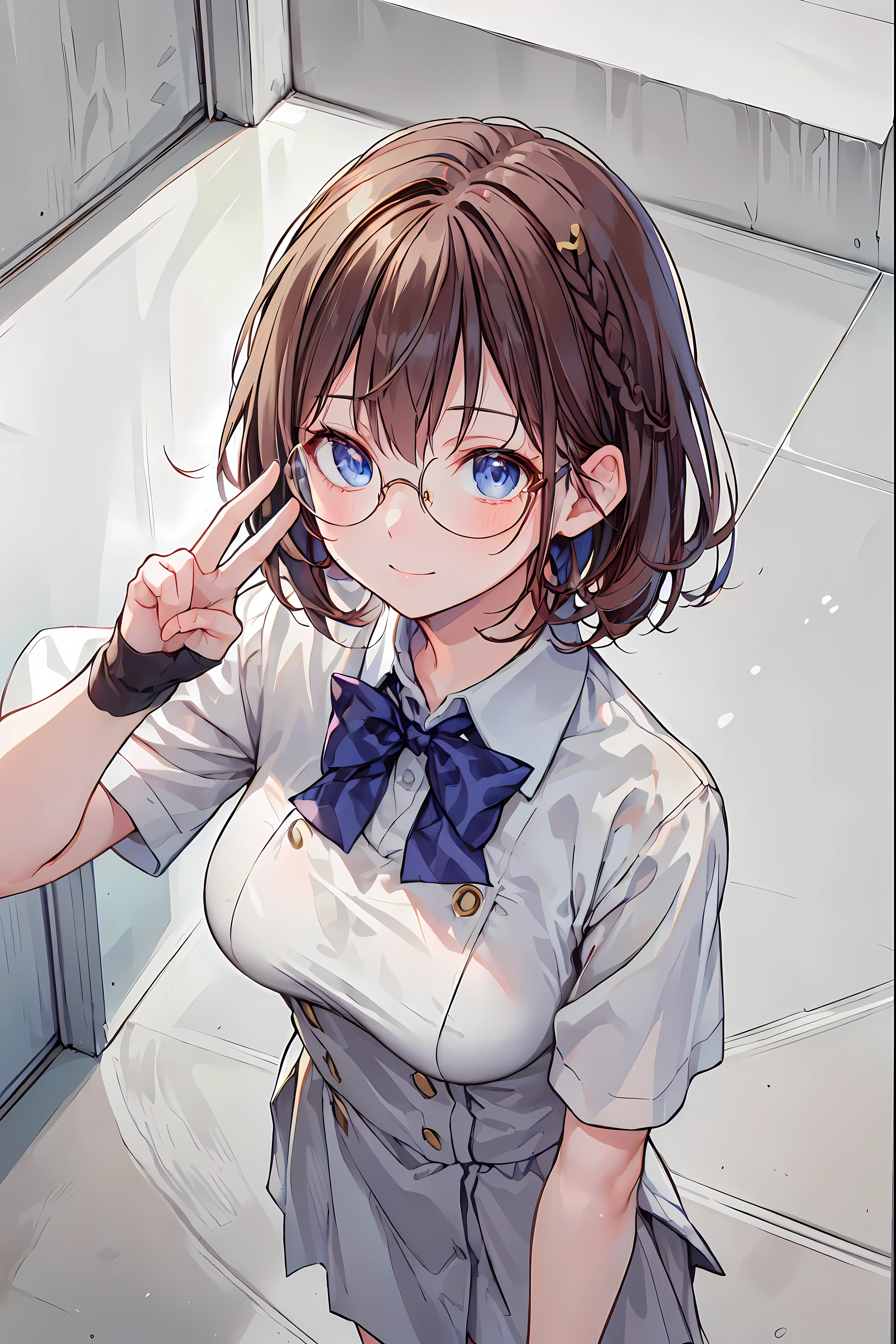 (((gold rimmed glasses))),(((Peace sign on face))),(((Bust Shot))),((face up)),((upper body)),((from above:1.2)),Dazzling gaze,Dignified Behavior,cowboy shot,big boobs,Long hair,Student Council President,School student council room,Student Charisma,Sharp Expressions,I am the most,Vice President for Male Students,Accounting and General Affairs Student,Declared War on Unreasonable Teachers,8K,Ultimate Details,Realistic,HDR,natural lighting,Professional,Brilliant Colors彩,Bokeh,brown hair,shortcuts,unkempt hair,Short braided hair,Neat,slender beauty,correct posture,small breasted,beautiful legs,Fascinating Gray-Blue Eyes Shine Like Stars,Saggy Eyes,Brilliant Colors,beautiful eyes,A delicate smile,Textured Skin,Highest Quality,gentle and beautiful woman,anime style、