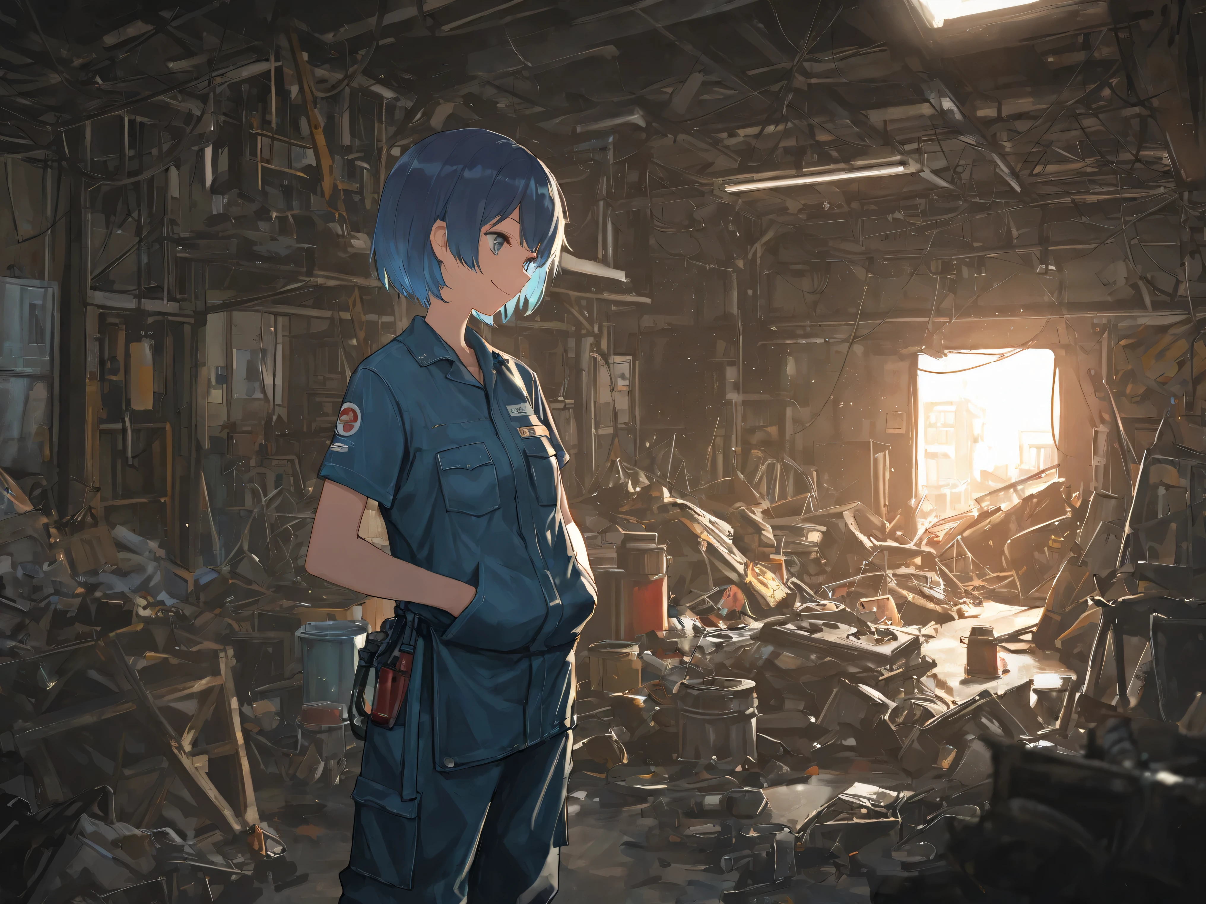one girl,Blue hair,short hair,Smile Yan,Mechanic Outfit,junk,Room,brighter lighting,is messy,High Quality,4K,Details Precise,HDR,professional