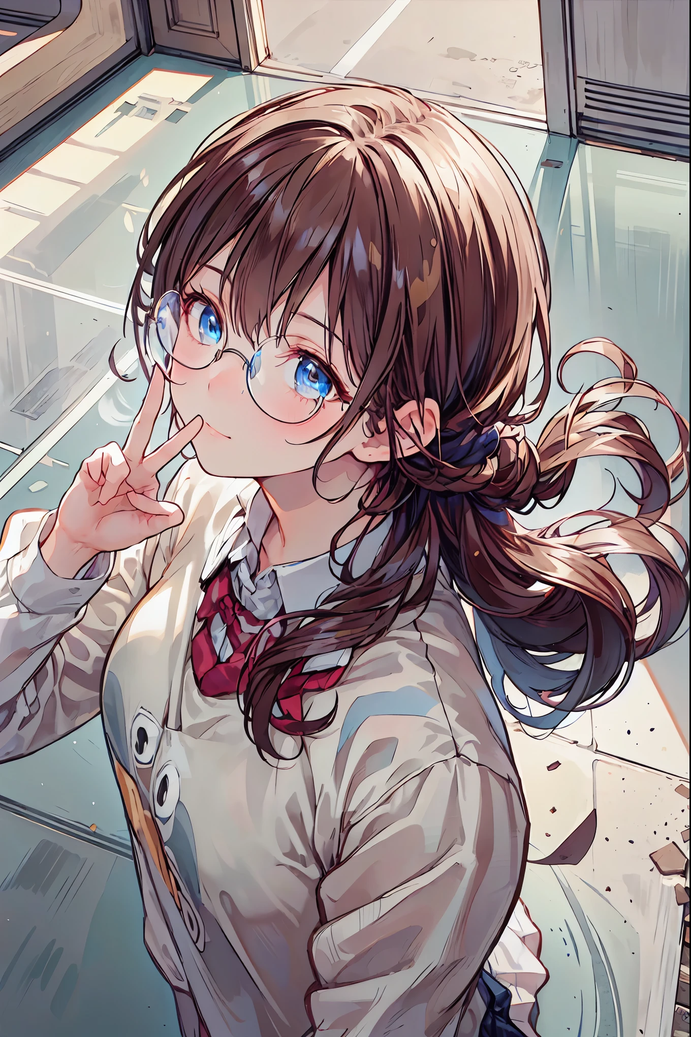 (((gold rimmed glasses))),(((Peace sign on face))),(((Bust Shot))),((face up)),((upper body)),((from above:1.2)),Dazzling gaze,Dignified Behavior,cowboy shot,big boobs,Long hair,Student Council President,School student council room,Student Charisma,Sharp Expressions,I am the most,Vice President for Male Students,Accounting and General Affairs Student,Declared War on Unreasonable Teachers,8K,Ultimate Details,Realistic,HDR,natural lighting,Professional,Brilliant Colors彩,Bokeh,brown hair,shortcuts,unkempt hair,Short braided hair,Neat,slender beauty,correct posture,small breasted,beautiful legs,Fascinating Gray-Blue Eyes Shine Like Stars,Saggy Eyes,Brilliant Colors,beautiful eyes,A delicate smile,Textured Skin,Highest Quality,gentle and beautiful woman,anime style、