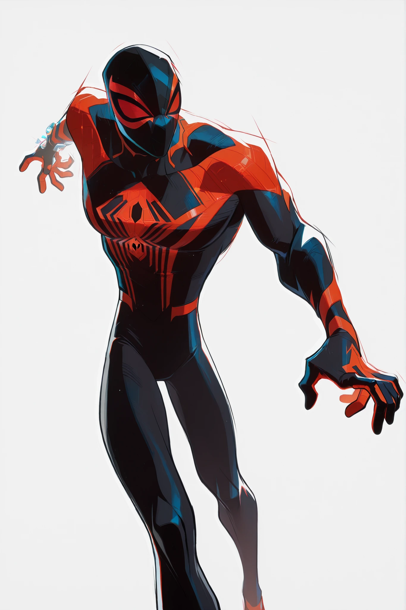 Spiderman wearing a red & black colour sleek suit, athletic body, white spider symbol on chest, 2D cartoon style, 8K ultra HD, high quality, dynamic pose, good detailing, good lighting, half body, front view, white background 