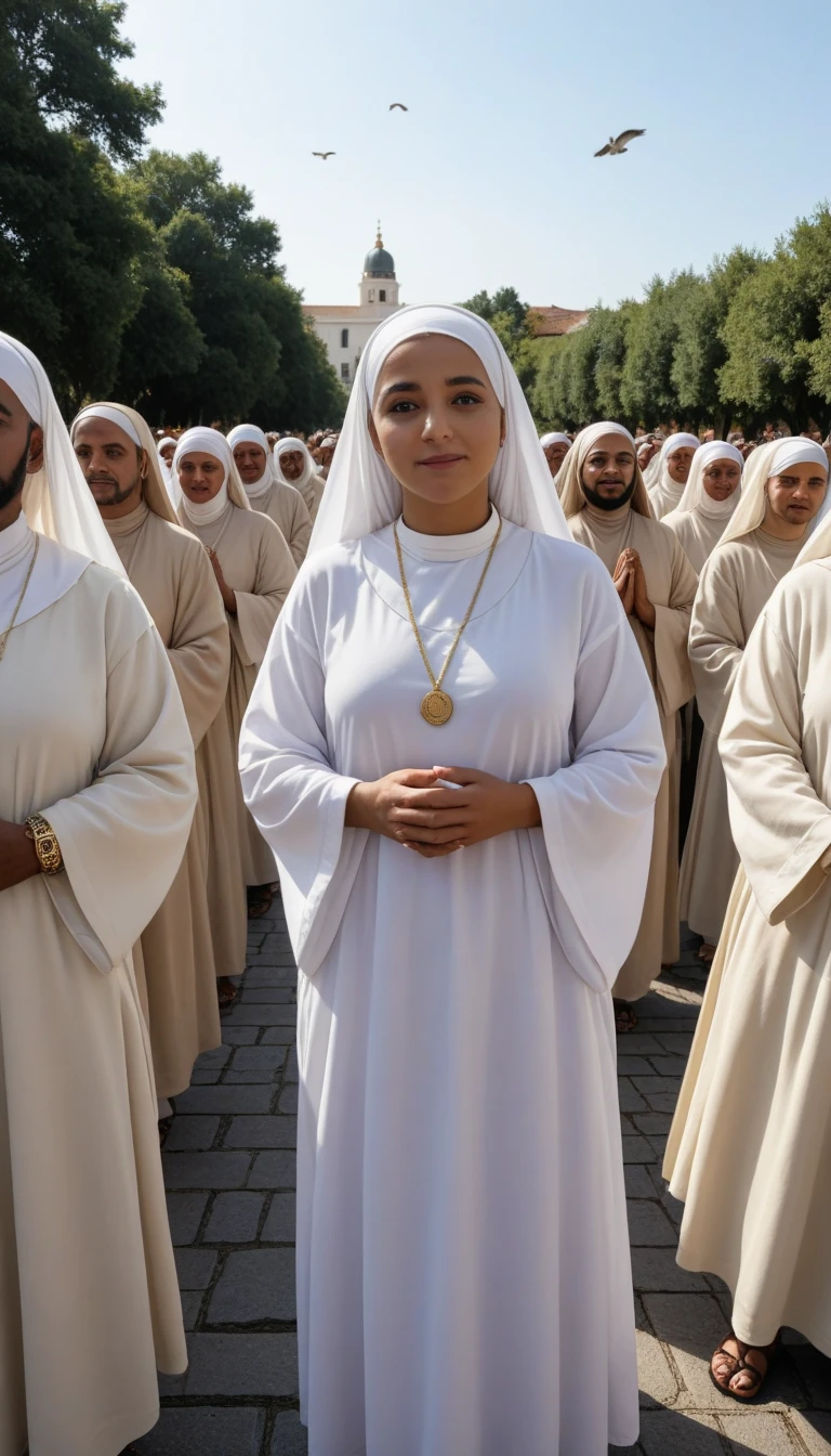 three girls, masterpiece,best qualtiy,hdr, hyper HD, 8K,Bokeh,Ultra-fine painting,Sharp focus,Physically-based rendering,Extreme detail description,full-body photo, in a monastary, looking at viewer, (:1.5), (kissing:1.2), (dressed like a nun:1.2), ( under nun suit:1.3), (touching :1.2),  smile, choker, (long wolf_cut hair), (EOS R8, 50 millimeters, F1.2, 8K, RAW photo:1.2), photograph by arny freytag