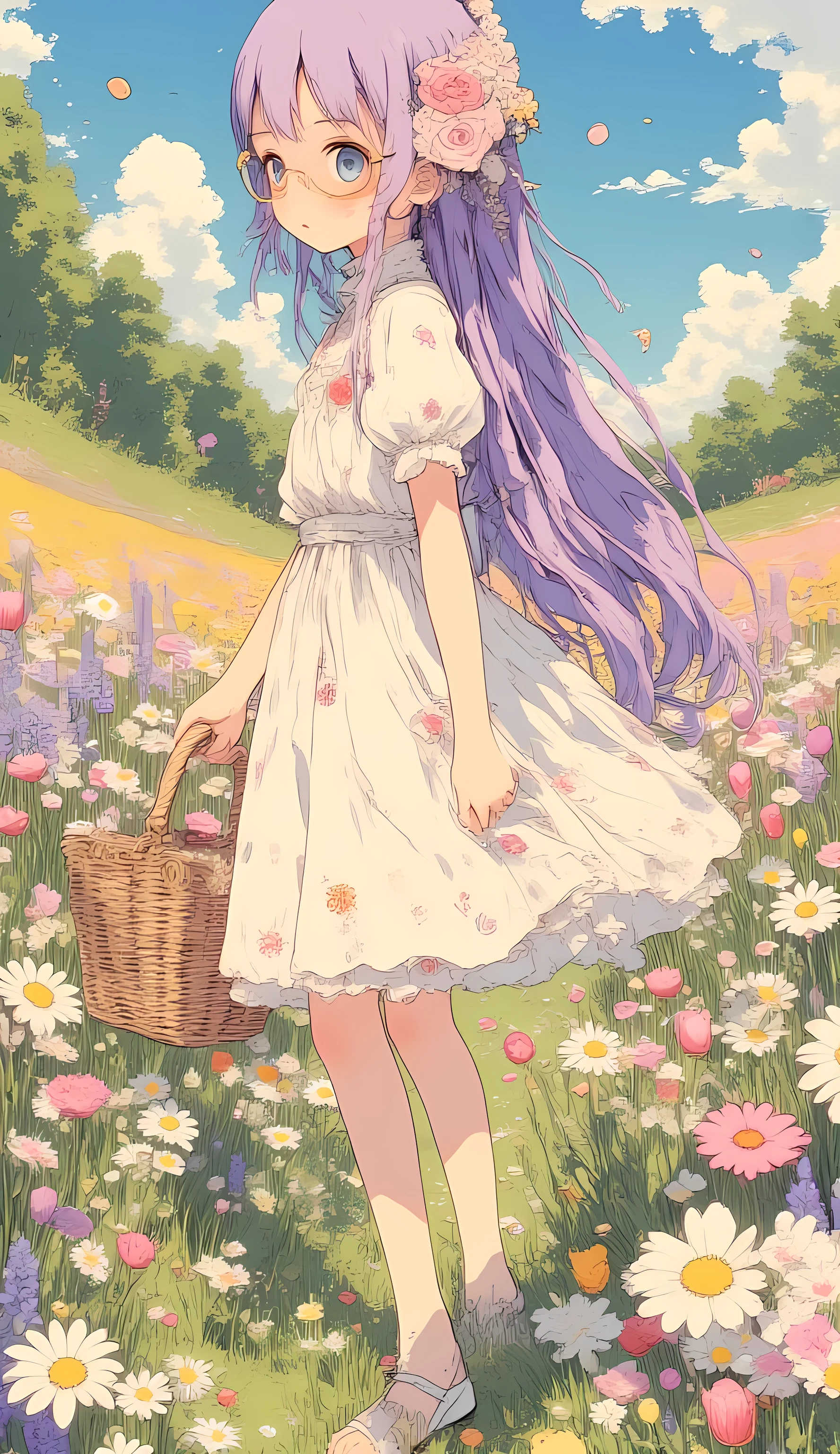 jima, detailed retro anime,
A little girl, crystal blue eyes, wearing gold-rimmed glasses, long purple hair, side view,
She walks through a vibrant flower field, holding a wicker basket.
She wears an elegant white dress with small apple/orange/carrot prints, shorter in front and flowing longer in back with soft ruffles.
A delicate pink rose adorns her hair.
The field bursts with colorful daisies, tulips, and lavender in pink, lilac, yellow, and white.
Soft morning light illuminates the scene as flower petals drift in the air.
White sandals with floral details.
Detailed kawaii anime style, soft bright palette, chibi proportions with tender rounded features, dreamy expression, natural lighting, clear sky with gentle clouds