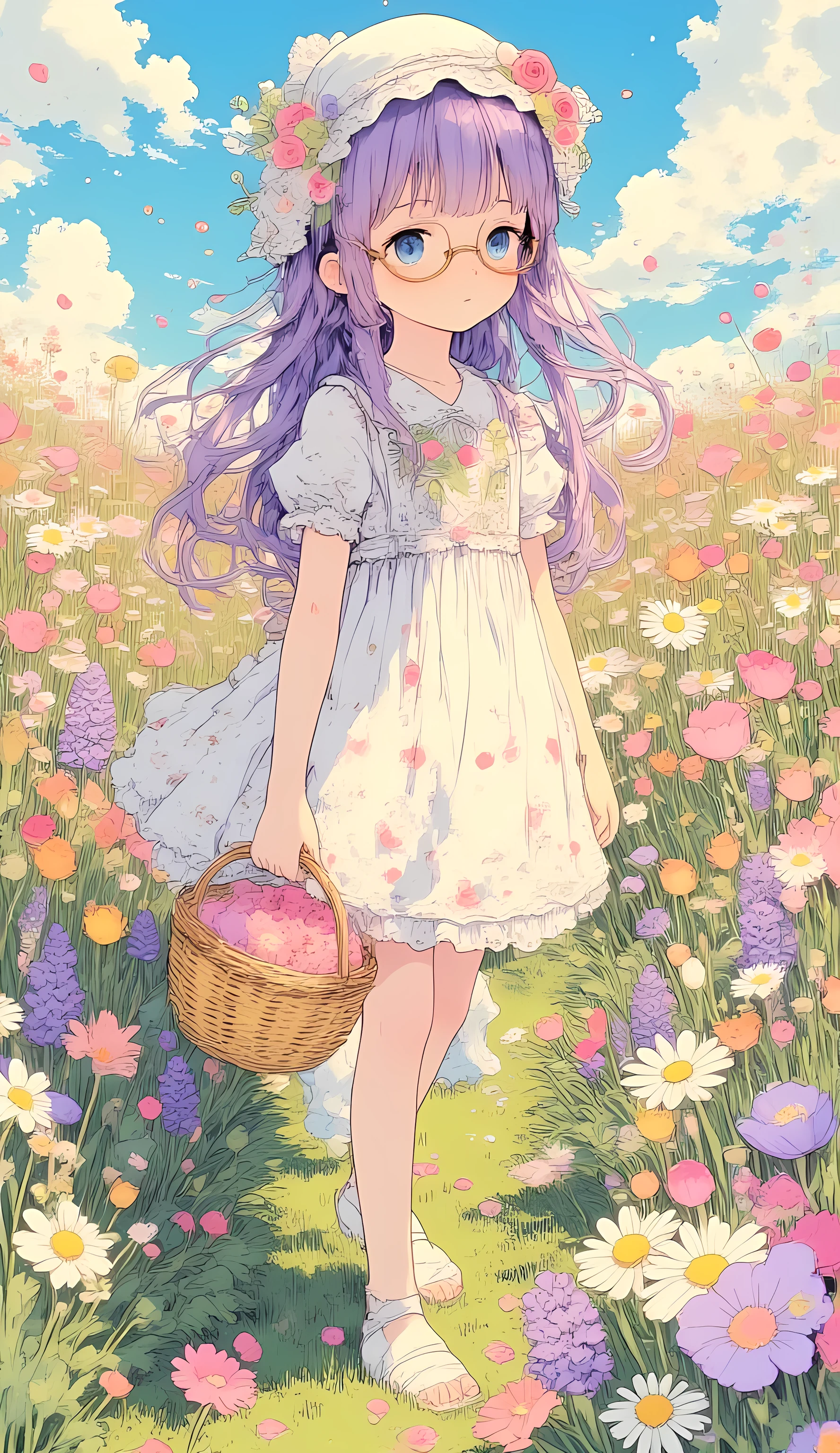 jima, detailed retro anime,
A little girl, crystal blue eyes, wearing gold-rimmed glasses, long purple hair, side view,
She walks through a vibrant flower field, holding a wicker basket.
She wears an elegant white dress with small apple/orange/carrot prints, shorter in front and flowing longer in back with soft ruffles.
A delicate pink rose adorns her hair.
The field bursts with colorful daisies, tulips, and lavender in pink, lilac, yellow, and white.
Soft morning light illuminates the scene as flower petals drift in the air.
White sandals with floral details.
Detailed kawaii anime style, soft bright palette, chibi proportions with tender rounded features, dreamy expression, natural lighting, clear sky with gentle clouds