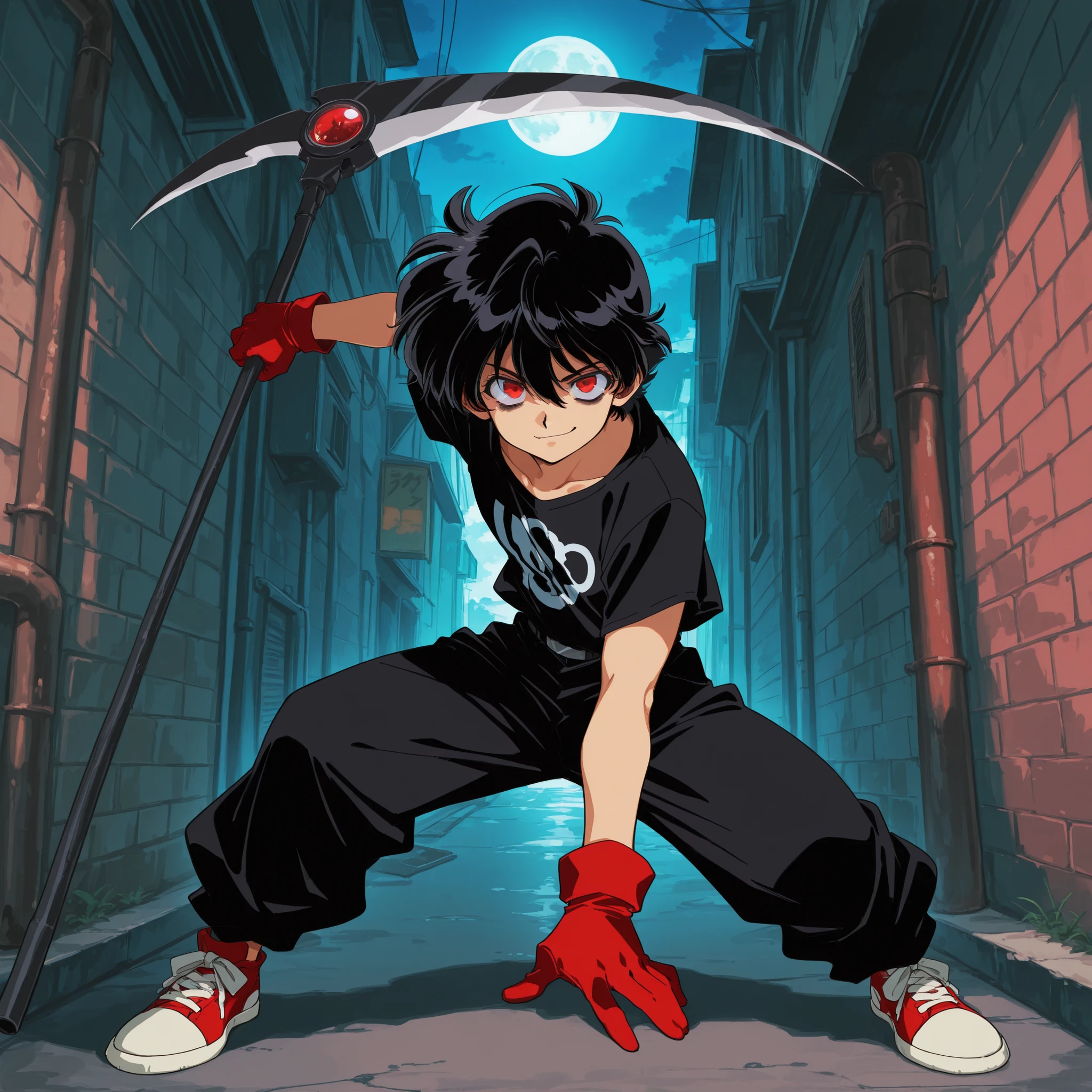 masterpiece, ultra-HD, impressionism, high detail, best quality, very aesthetic, 8K, best quality, beautiful, ultra-high resolution, 32K UHD, sharp focus, hrn_yc Style, bokeh, retro artstyle, 1990, 1man, male, solo, short messy black hair, hair between eyes, spiky hair, almond-shaped eyes, red eyes, bags under eyes, empty eyes, glowing eyes, toned slim, black thight t-shirt, short sleeves, black baggy pants, red sneakers, red gloves, smirk, evil, crazy, holding a scythe, standing, dynamic pose, action pose, full body, looking at viewer, alley background, full moon, front view