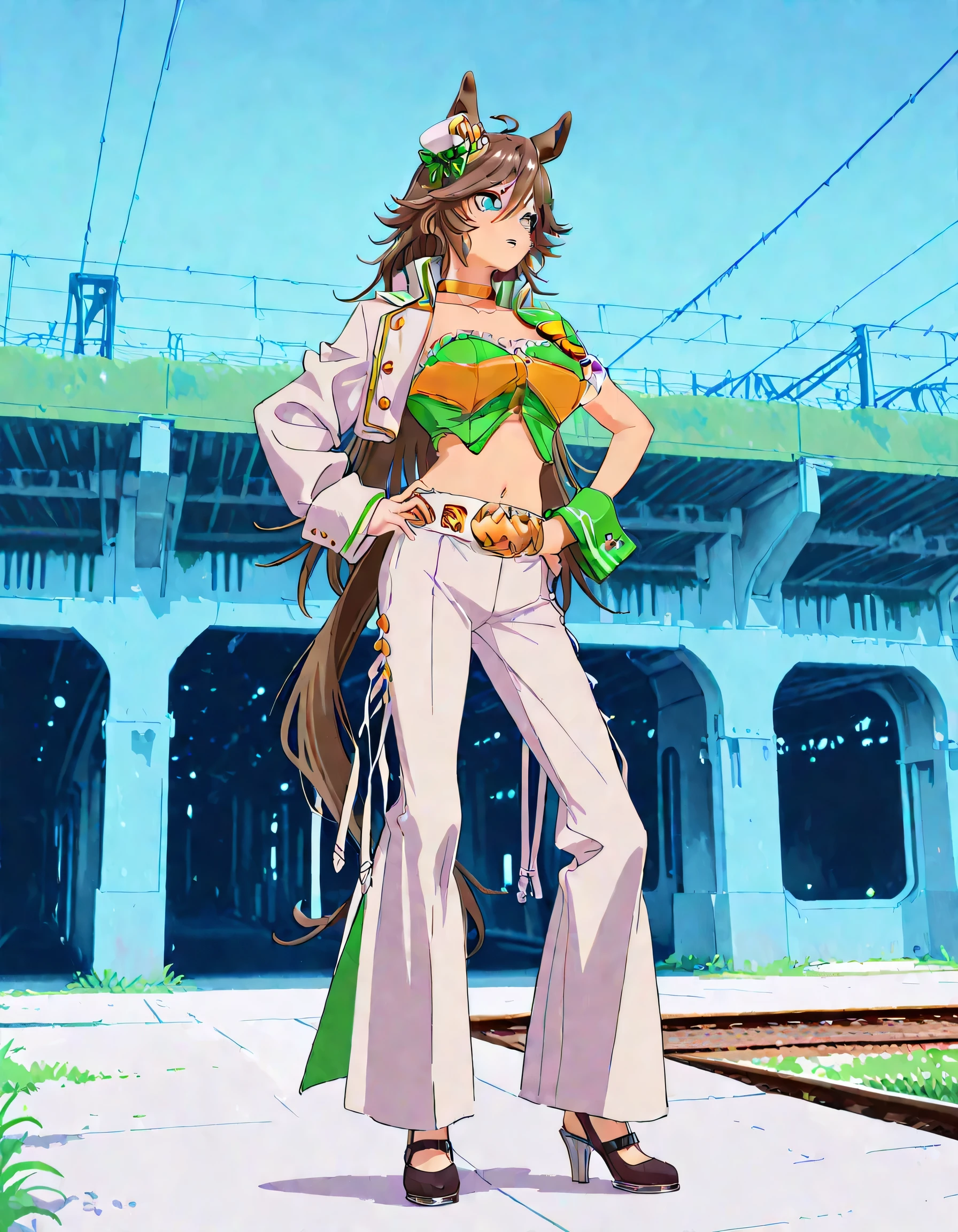 masterpiece masterpiece, ultra-HD, impressionism, high detail, best quality, very aesthetic, 8k, best quality, beautiful, anime coloring , mr. c.b. (umamusume), big , strapless shirt, white pants , high-waisted and flared pants , midriff, single sleeve, navel, white jacket, long sleeves, green shirt, collarbone, , yellow choker, parted lips, open jacket, crop top, parted lips, wrist cuffs, high heels, arm belt , hand on hip , standing , full body , railway background