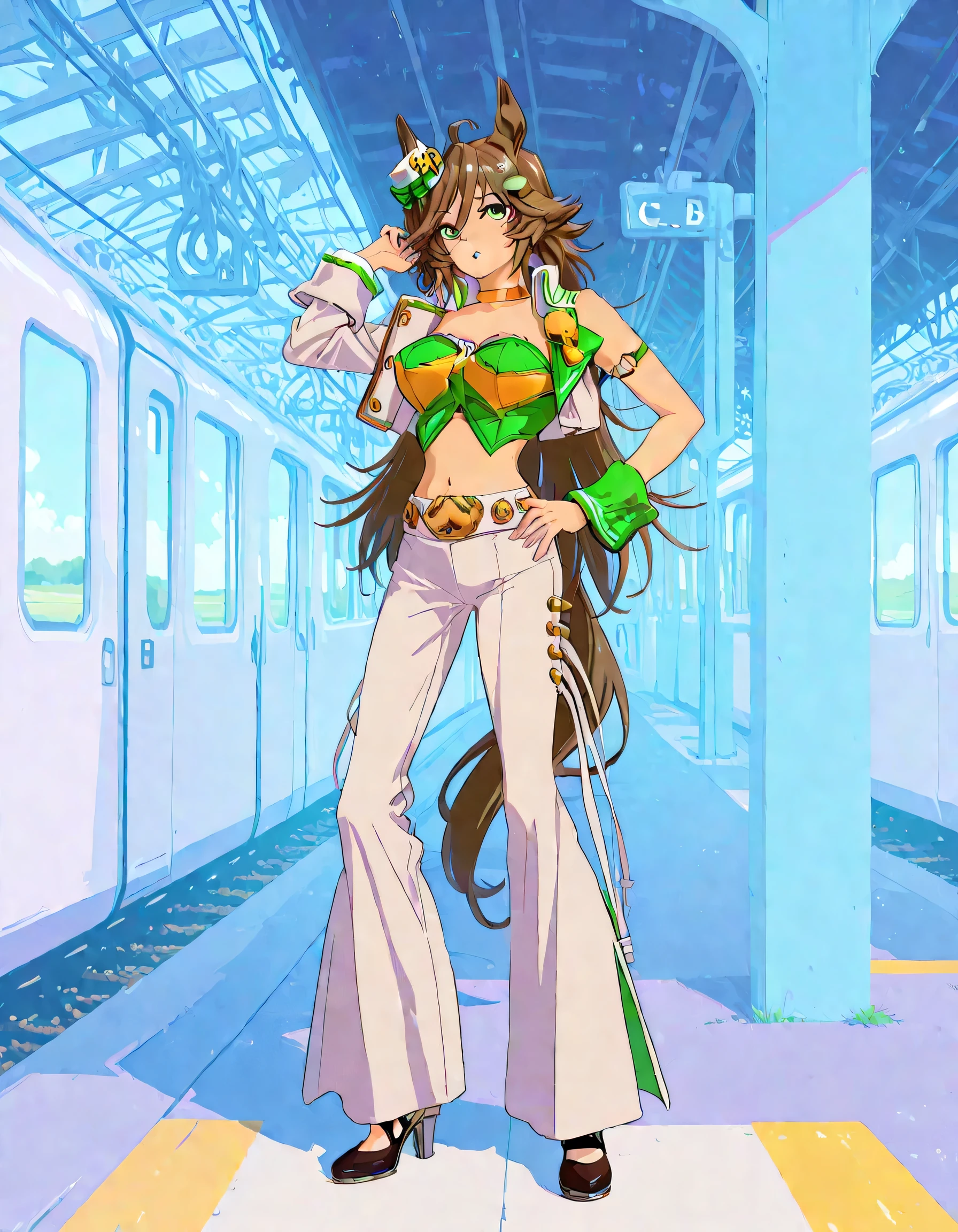 masterpiece masterpiece, ultra-HD, impressionism, high detail, best quality, very aesthetic, 8k, best quality, beautiful, anime coloring , mr. c.b. (umamusume), solo , big , strapless shirt, white skin tight pants , high-waisted and flared pants , midriff, single sleeve, navel, white jacket, long sleeves, green shirt, collarbone, , yellow choker, parted lips, open jacket, crop top, parted lips, wrist cuffs, high heels, arm belt , hand on hip , standing , full body , railway background