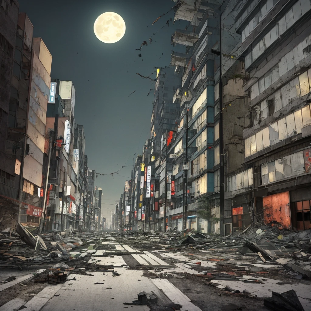 Anime style. Modern. No people. Cinematic lighting. Night. Moonlight. Destroyed and abandoned Tokyo. Partially destroyed buildings and shattered asphalt.