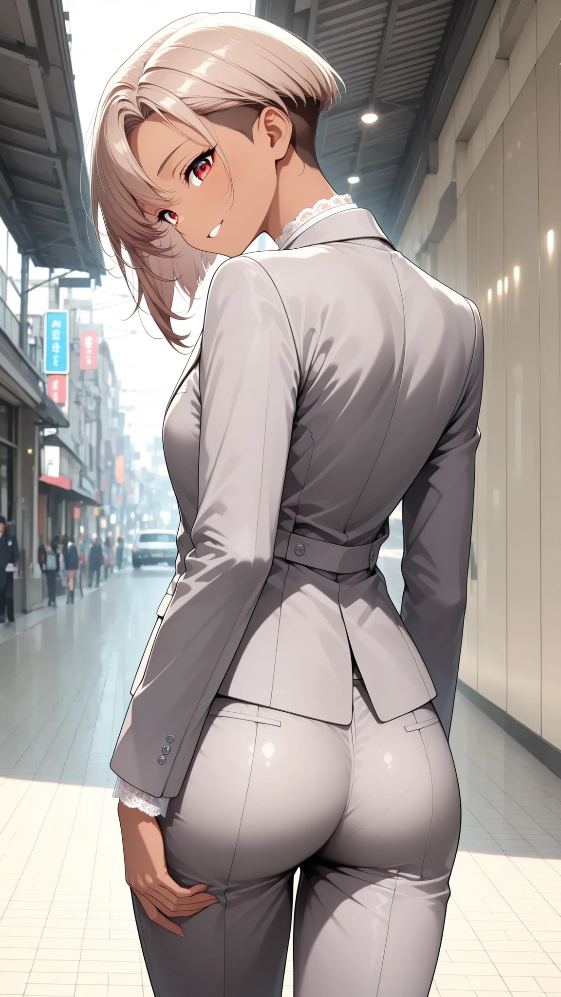 woman wearing grey jacket、white lace blouse 、pantsuit, portrait、from behind, cowboy shot, young woman with her hands crotched、 downtown background、
High Quality Photo Portrait,Sensual,listless expression,full of curiosity,fashionable,Front Map, natural light,soft texture,blur effect,details,anime style, Mirai Edosaki, light brown hair, undercut, asymmetrical hair, red eyes, brown skinned,