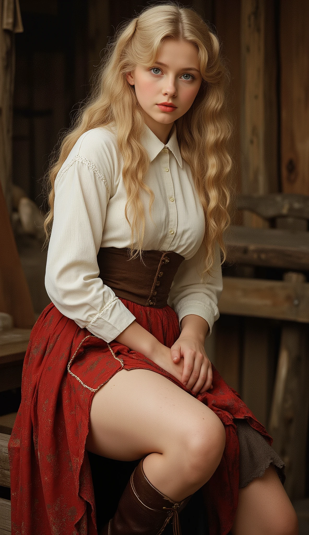 19th century style, Old Photos、Full body photo、 19th century Norway 、Beautiful Long Blonde Girl with Curled Hair、she was raised as a store item、Blue Eyes、modest breasts、Wearing a Cotton Long-sleeved Collared Shirt、wide hips and thighs、Women are so young and full of energy that they stand out no matter where they are、red knee-length cotton skirts、Brown bodice、short leather boots、Slit Skirt Exposing Thighs、Roadside Tavern、