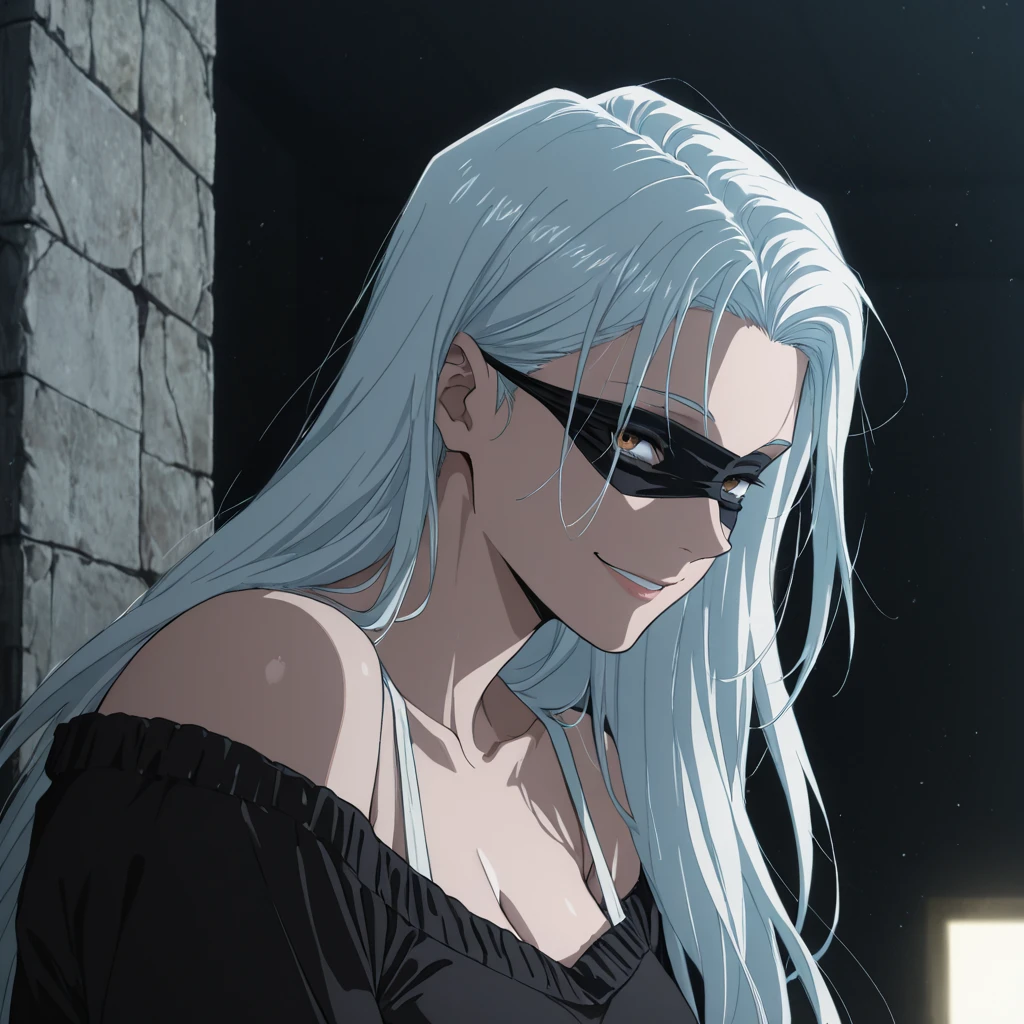 1girl, female gojo satoru, anime screencap from jujutsu kaisen, gojo satoru female version, solo, long_hair, ((wearing black blindfold)) ((White_hair, hair slicked from one side)), night view, (hanging ???????) upper_body, smile, indoors, book, lips, (slightly straight hair) ((wearing black colour crop top with golden button, full sleeves and black colour pant)) ??????, "very detailed and high resolution" (black blindfold) ((solo)) (((front view))) (earings) ((high resolution)) ((good quality)) ((hair slicked from one side)) 