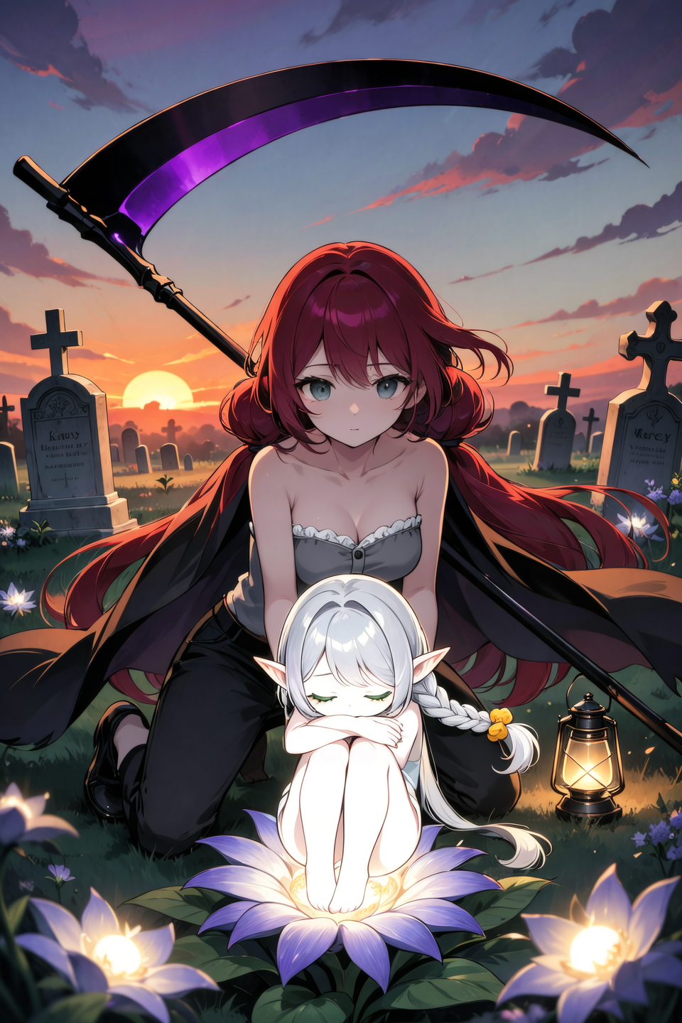 Dynamic, fantastical illustration. A breathtaking twilight sunset casts long, dramatic shadows across a somber garden, where decaying gravestones stand amidst luminous soul flowers. The very air shimmers with the ethereal presence of returning souls as the sun dips below the horizon, painting the sky in fiery oranges, deep purples, and soft, melancholic blues.

At the heart of this mystical scene, Kaylen, a stunning anime girl, crouches with elegant poise before a single, resplendent soul flower. Her long, dark red hair, styled in voluminous, low twin tails tied at her shoulders and gracefully flowing down the front of her body, catches the golden-hour light, with individual strands gently swaying as if in a whisper of wind. She wields a large, formidable Grim Reaper's scythe, its black blade edged with a mesmerizing, glowing purple that pulses faintly in the dwindling light.

Kaylen's attire consists of a strapless, sleeveless gray shirt with delicate white frill trim, black trousers, and a sweeping black cloak that billows slightly, adding to the dynamic composition. Her stoic expression is softened by a profound, compassionate gaze fixed upon the soul flower. Her grey eyes, reflective and deep, mirror the faint, dreamlike glow emanating from the flower's heart. An antique lantern, casting a warm, soft light, rests beside her, highlighting the intricate details of the gravestones and the mystical flora.

Nestled within the very center of the soul flower's petals is Mercy, an adorable elven girl. She shines with an ethereal, fantastical white luminescence, her rounded face serene as she sleeps peacefully, knees hugged to her . Her large, slightly slanted, light green eyes are closed in slumber. Her shiny silver hair, styled in a braided side ponytail adorned with an amber scrunchie, frames her face, with a diagonally cut fringe gracefully falling above her eyes. The entire scene is imbued with a sense of ancient magic, poignant beauty, and the delicate balance