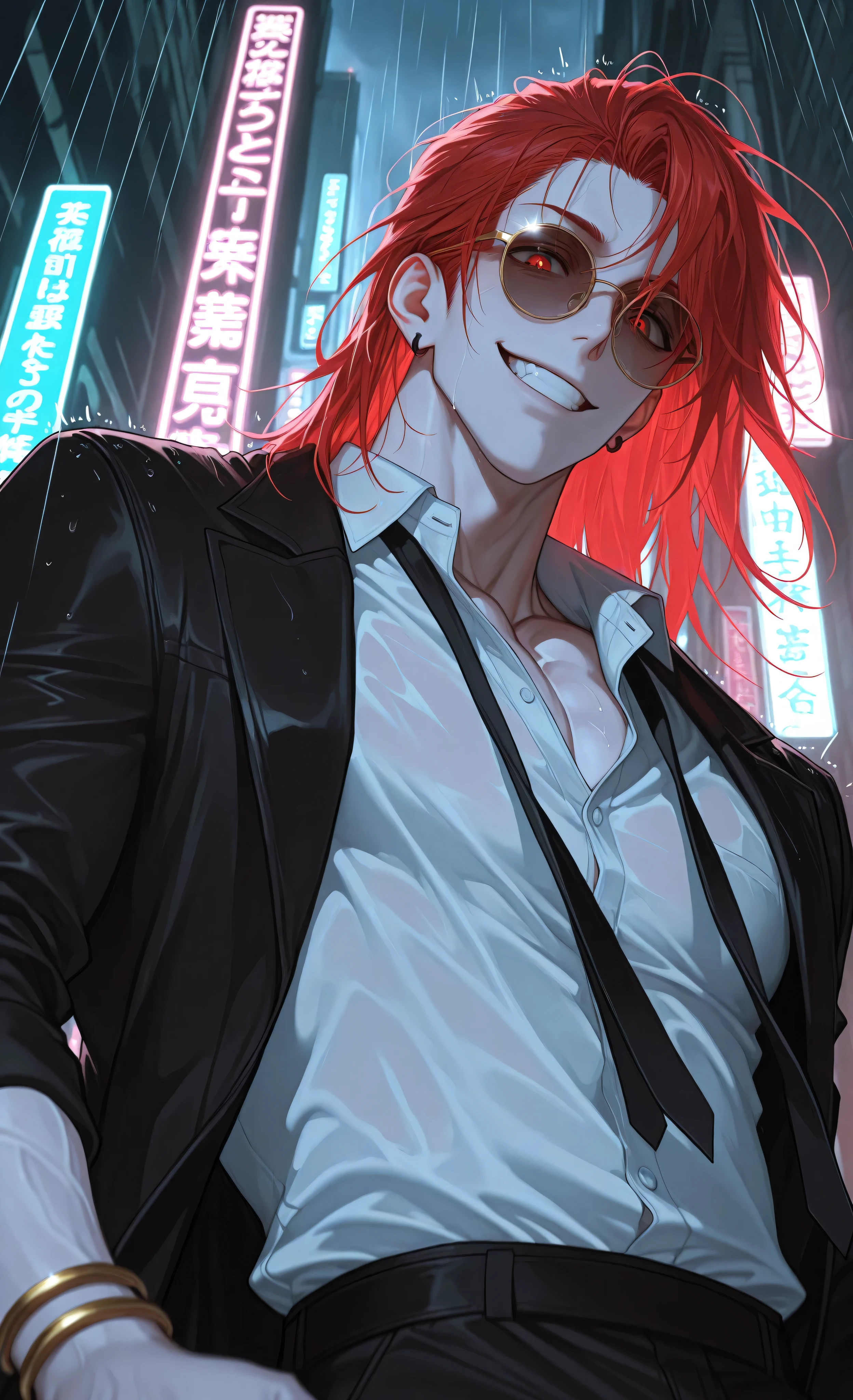 ((masterpiece:1.3, best quality, 8k, ultra detailed, sharp focus, digital painting),
cinematic lighting, extreme low angle, motion blur, intense atmosphere,
1male, solo, (muscular young man:1.3), early 20s, (masculine features:1.4),
(strong jawline:1.2), (defined cheekbones), pale skin, vibrant red hair,
(hair swept upward:1.3), (ecstatic expression:1.4), (wild confident smile),
(face illuminated by city lights), rain-soaked face,
large round gold-rimmed glasses, (raindrops streaming off glasses:1.2),
reflections on glasses, glass lens refraction,
wearing: black suit jacket flapping violently, white shirt unbuttoned revealing (toned chest),
black tie flying upward, gold bracelet, black earring,
action: (falling from rooftop:1.5), (parachuting with inverted umbrella:1.4),
(muscular body in mid-air twist), (broad shoulders visible), (coat billowing dramatically),
(rain spraying upward from fall velocity),
setting: (falling between skyscrapers:1.4), torrential rain, blurred neon cityscape rushing upward,
(windows streaking past), dramatic perspective from below,
lighting: (neon lights streaking:1.3), (city lights blur), (rain backlit),
dynamic shadows, cinematic motion effects,
composition: waist-up, focus on face and torso, extreme foreshortening, sense of exhilarating fall