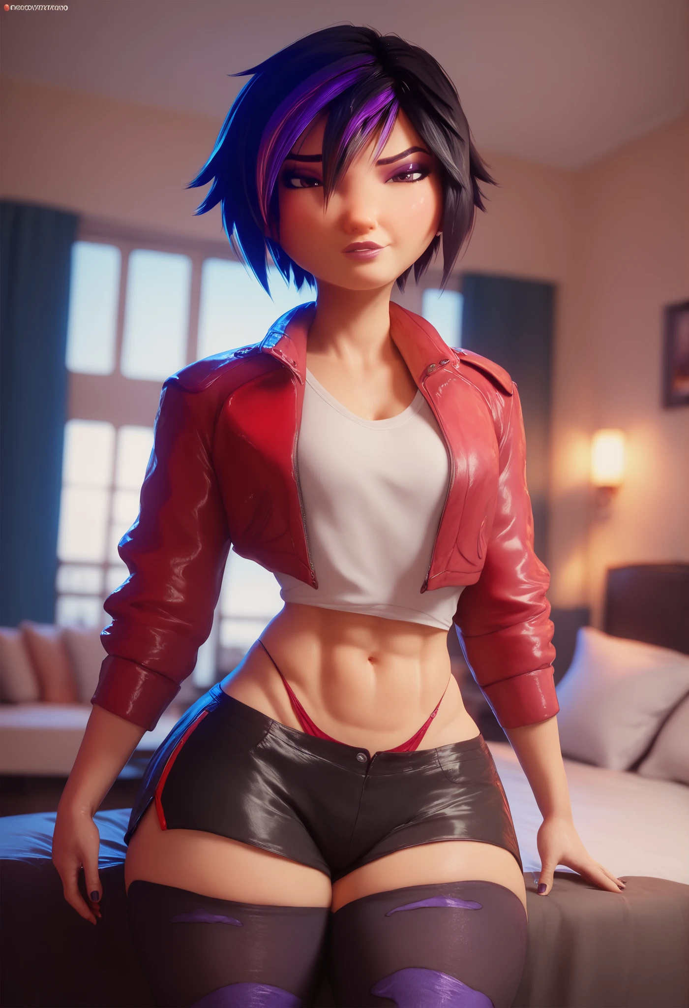 GoGo Tomago black hair white blouse short red jacket big boobs shaved abdomen thick thighs black pants glued to the thighs red floss panties inside the bedroom sexy thick thighs